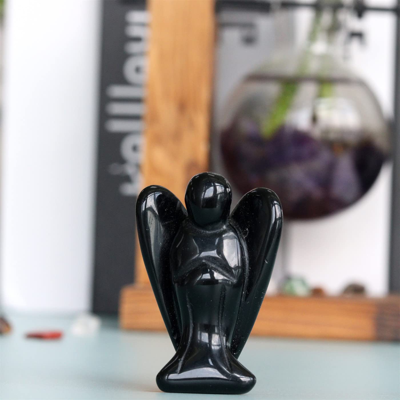 YATOJUZI 2" Black Obsidian Angel Decor Healing Crystals Polished Natural Stone Sculpture Statue Hand Carved Cute Figurines Energy Reiki Home Room Office Desk Decoration Guardian Gifts for Women Men