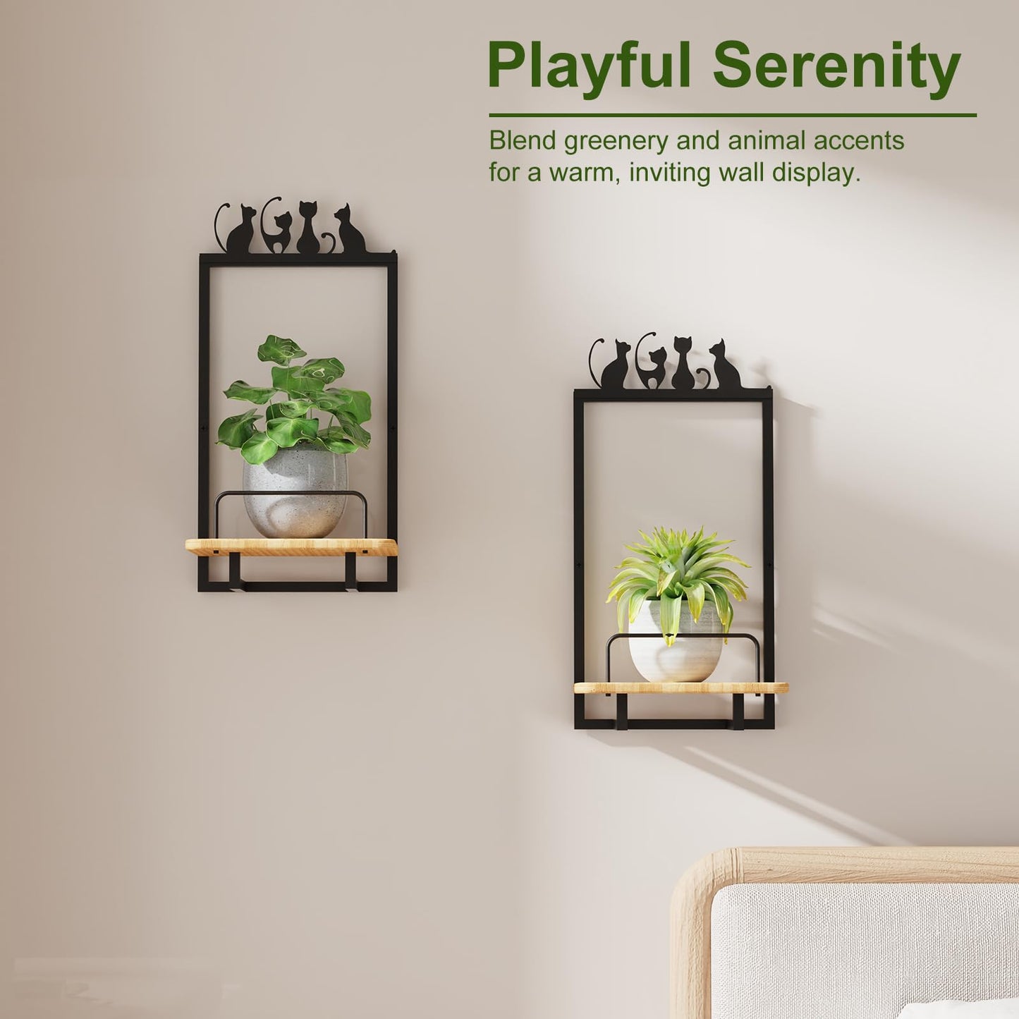 Shineled Wall Planter for Indoor Plants 2 Pack, Wall Mounted Plant Holder for Small Plants, Floating Wall Shelf for Plants, Real Oak Wood, Magnetic Animal Decor, Home Wall Decor (Cat)
