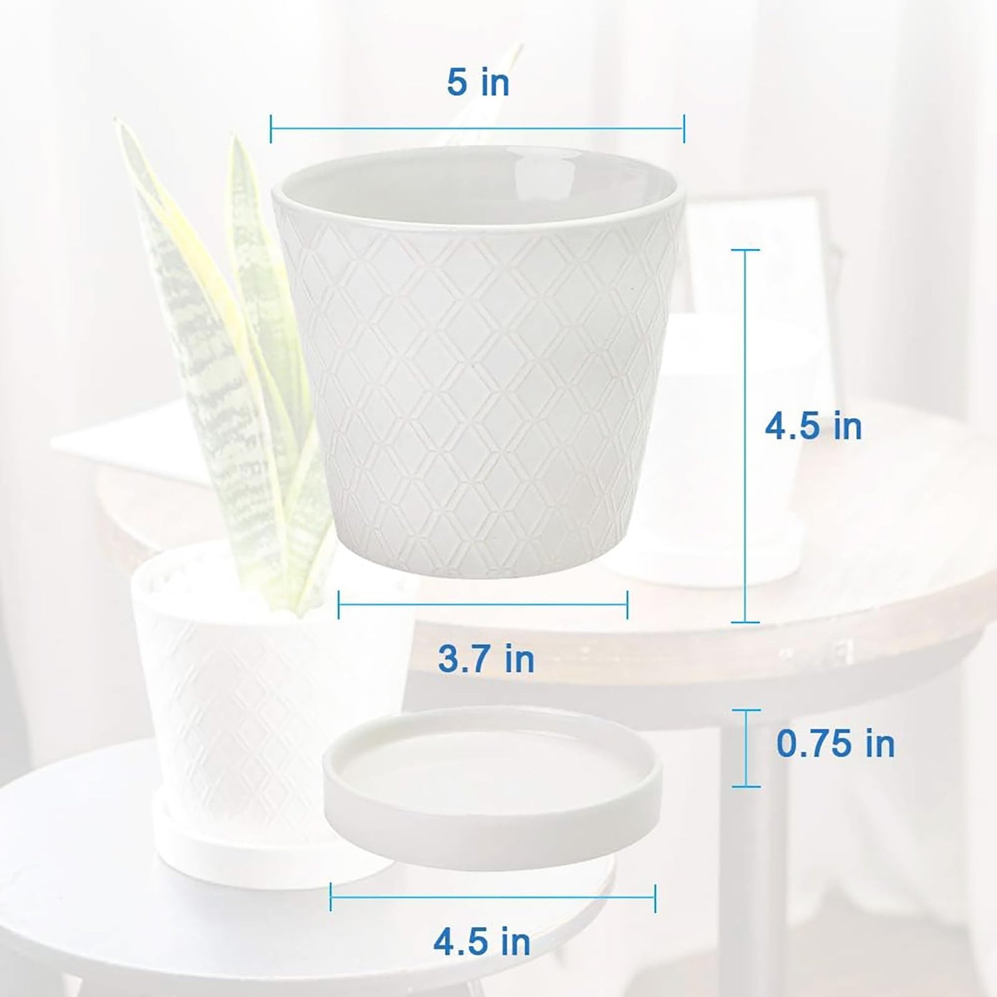 BUYMAX Plant Pots Indoor –5 inch Ceramic Flower Pot with Drainage Hole and Ceramic Tray - Gardening Home Desktop Office Windowsill Decoration Gift, Set of 4 - Plants NOT Included (White)