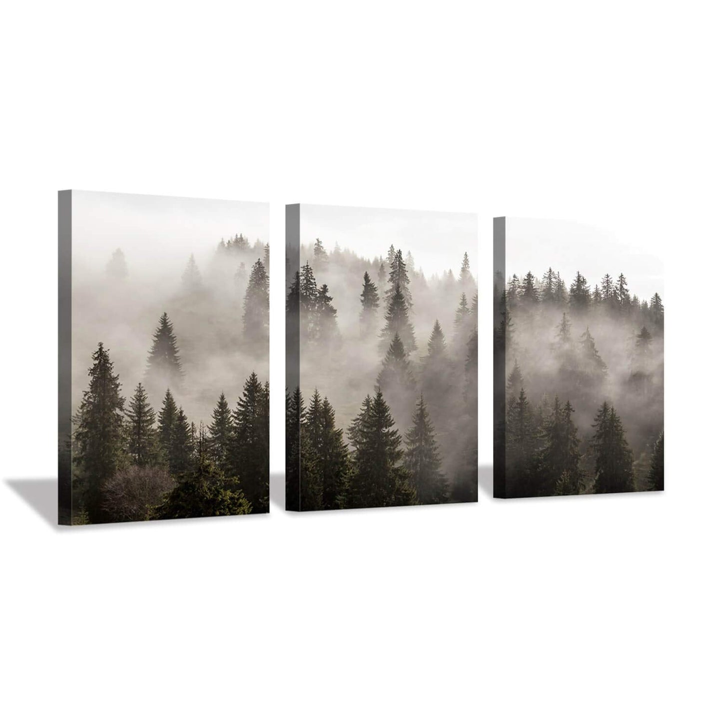 Foggy Forest Picture Wall Art: Landscape Painting Misty Pine Trees Artwork Print on Canvas for Kids Rooms(16"x12"x3pcs)