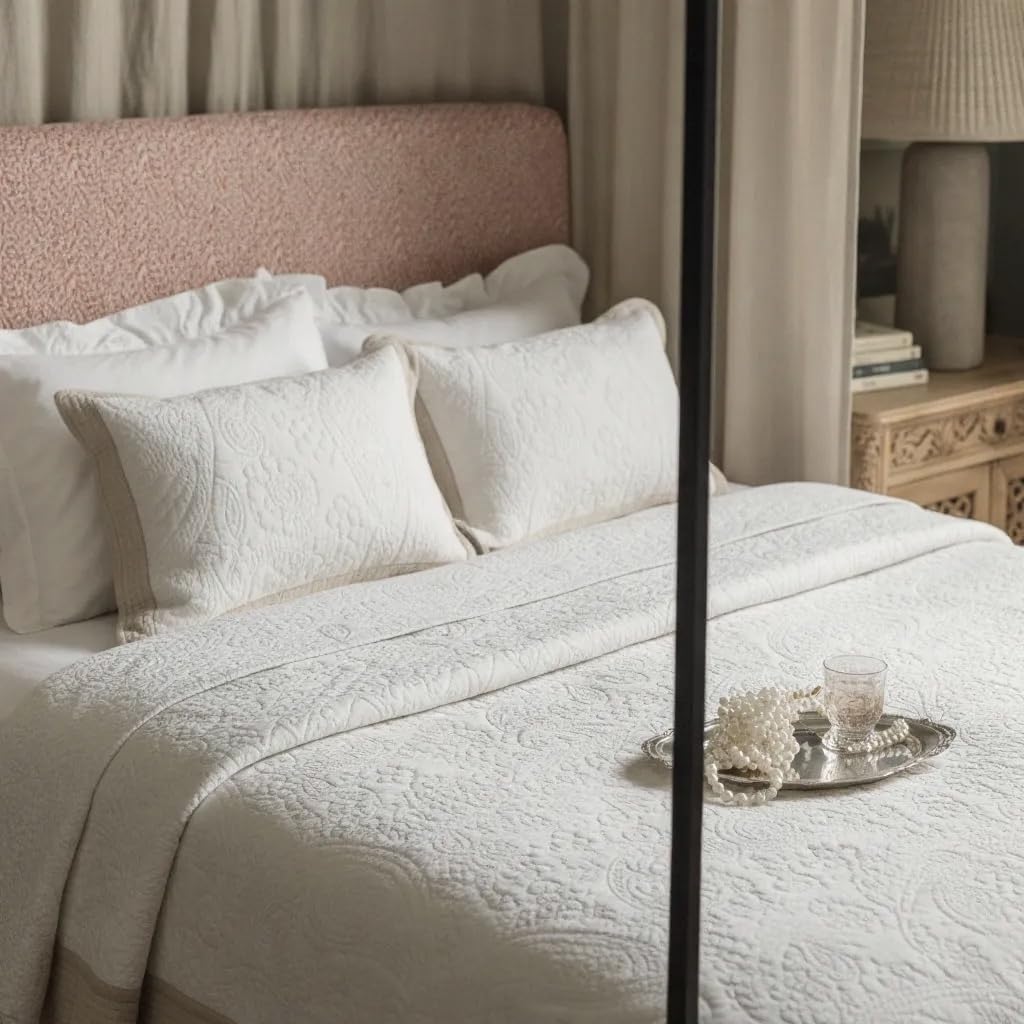 BOV Queen Quilt Bedding Set - Cotton Full Size Quilt Set with 2 Pillow Shams, Lightweight Bedspread Coverlet Queen Size Quilts for Bed Set, All Season Floral Embroidery 96"X92" Light Beige Ivory