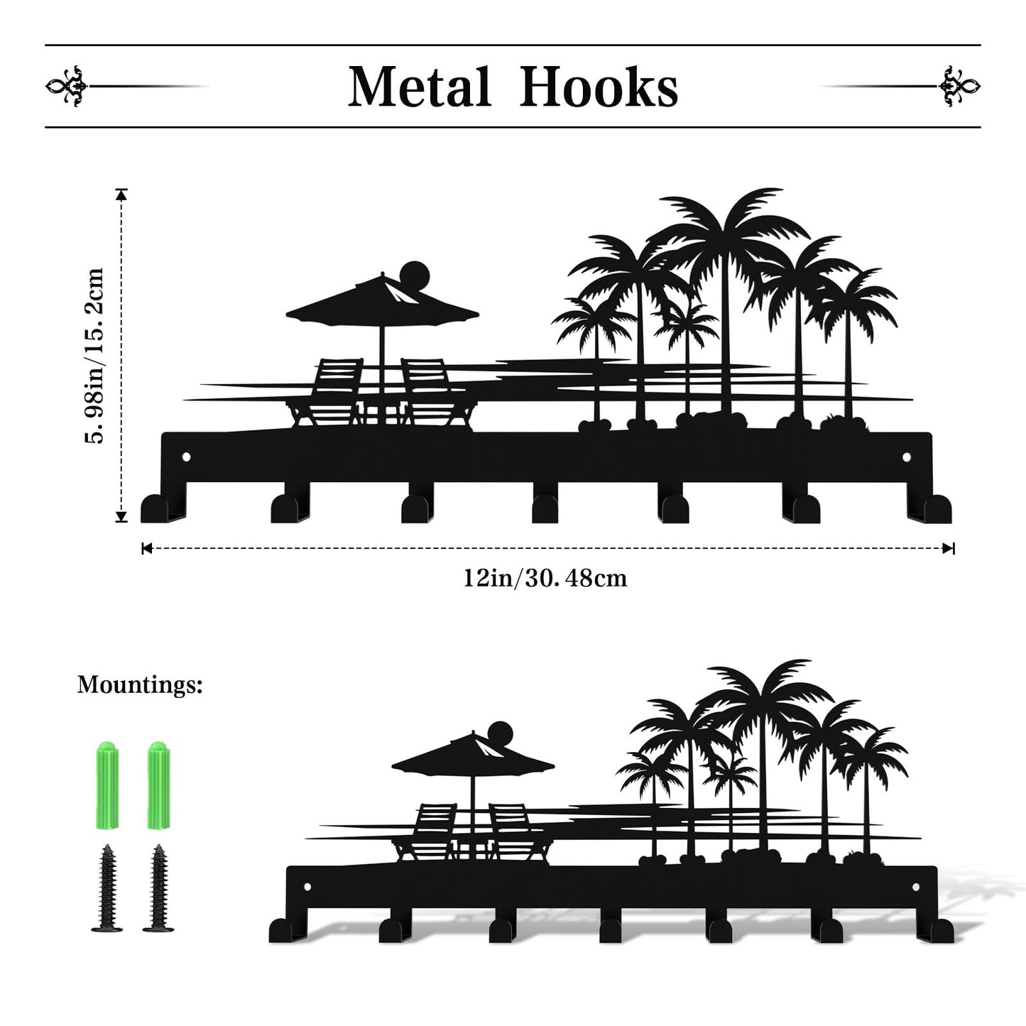 useNumber Tropical Style Key Holder Wall Mount with 7 Hooks, Key Hanger Organizer for Front Door, Hallway, Entryway & Office Decor, Featuring Sunset and Coconut Tree Design