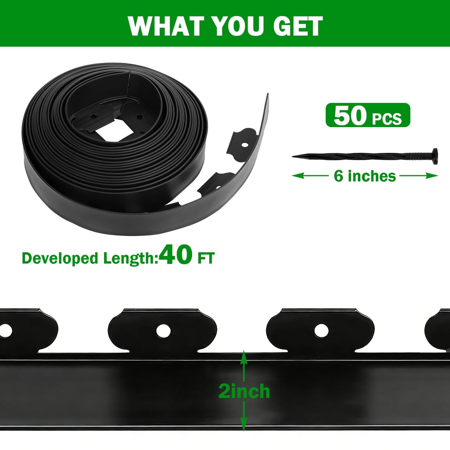 Tegarbed No Dig Landscape Edging Border 2-Inch x 40 FT, Heavy-Duty Plastic Garden Edging with 50 Spikes, Garden Edging for Flower Beds Pathway Paver Edging, Black