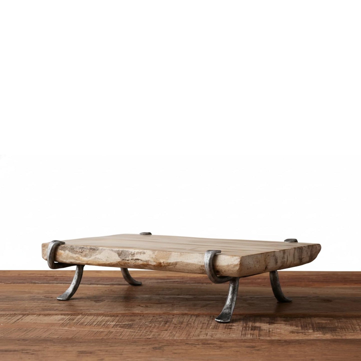 Petrified Wood Serving Board, Rustic Handcrafted Natural with Industrial Forged Metal Legs | Live Edge Charcuterie Platter | Kitchen Dining Table Organizer & Centerpiece Display Tray | 15.7"x9.8"x3.9"
