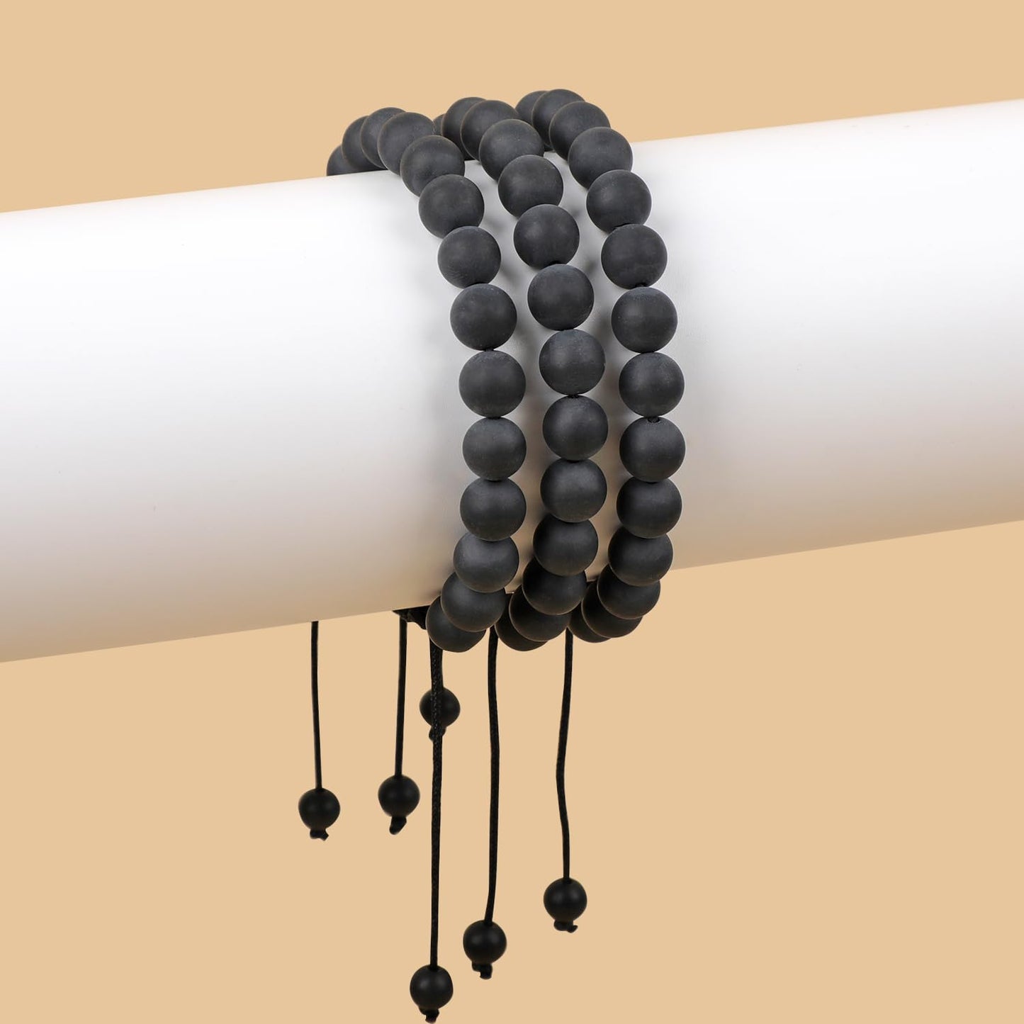 AD Beads Natural 8mm Gemstone Bracelets Healing Power Crystal Macrame Adjustable 7-9 Inch (Matte Black Onyx)