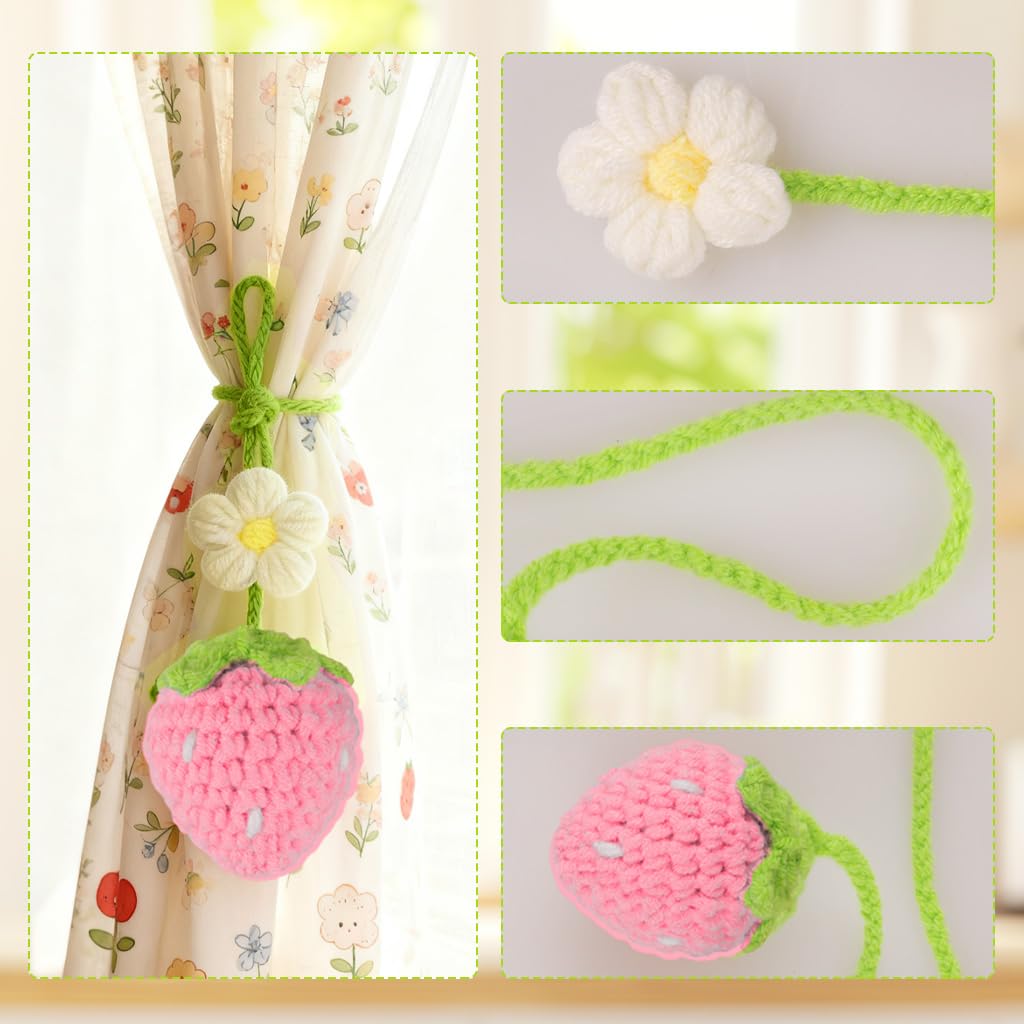 Ytanhr Crochet Strawberry and Flower Car Hanging Ornaments, Aesthetic Rearview Mirror Hanging Accessories, Handmade Car Decor 2-Pack, Pink