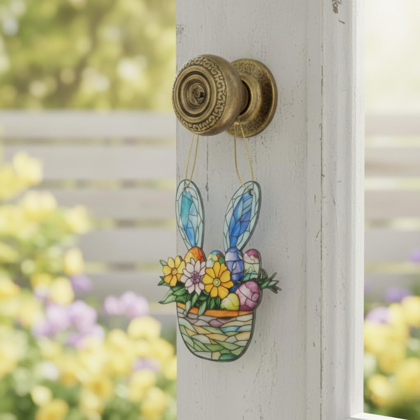 Floral Gifts for Women, Bunny in Flower Basket Acrylic Suncatcher, Faux Stained Glass Effect,Hanging Decoration for Window, Home, Cute, Whimsical Garden Suncatcher, Christmas Tree Decor