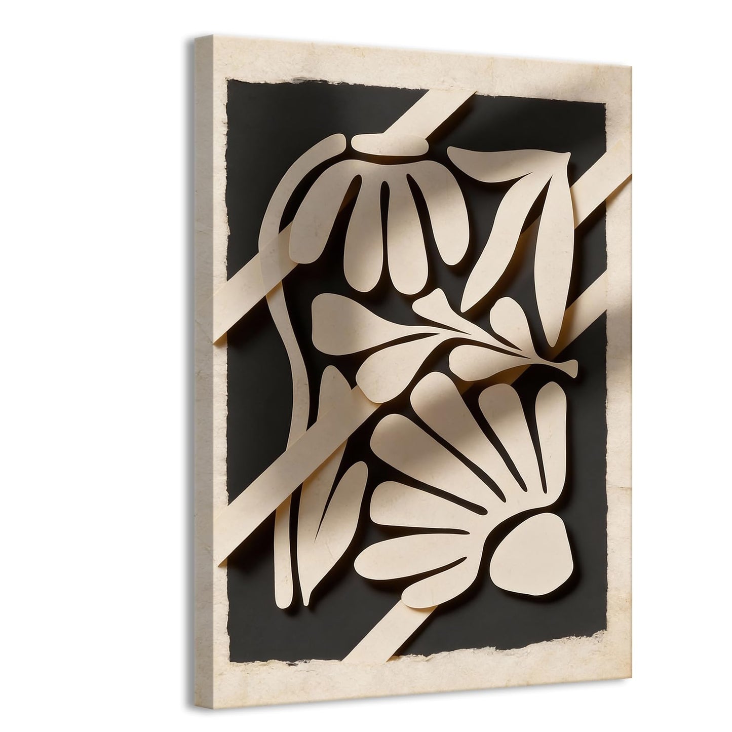 Moody Abstract – Mid Century Modern Botanical Wall Art, Beige & Black Organic Shapes, Scandinavian Decor (24 * 36inch,Frame)