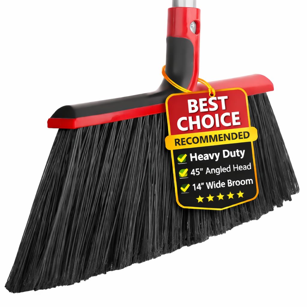 Heavy Duty Angle Broom with 58″ Long Handle, 14″ Wide Stiff Bristles for Indoor & Outdoor Sweeping, Garage, Patio, Deck, Concrete & Debris Removal