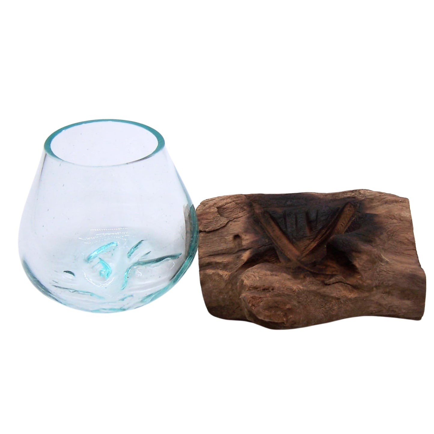 Wowser Small Glass Bowl on Driftwood Figurine, Freestanding Nautical Décor, Beach Themed Decoration, 6.5 Inches