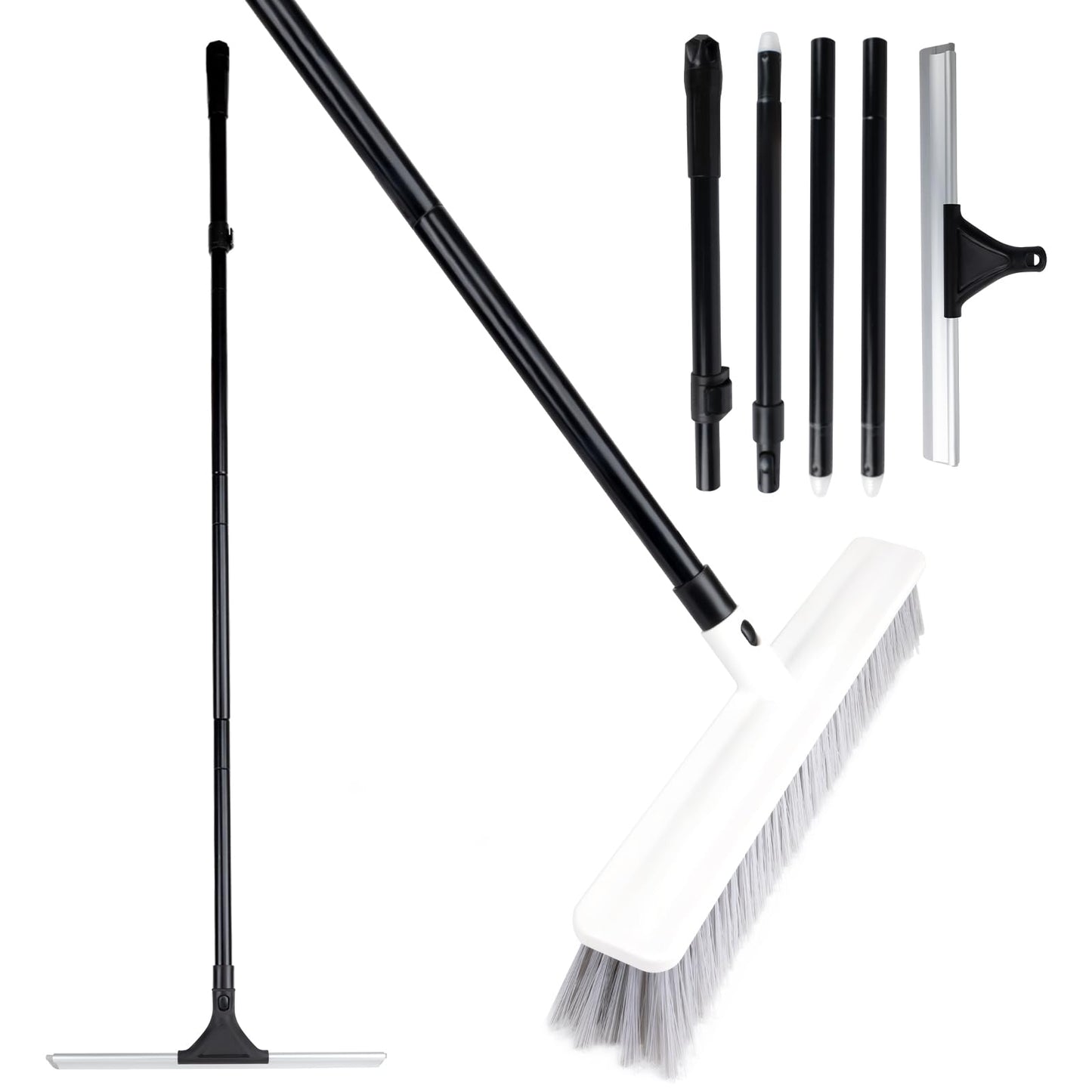 3-in-1 Floor Brush with Squeegee and Adjustable Long Handle, Push Broom with Rubber Squeegee, Suitable for Warehouses, Glass, Floors, Tiles, Hardwood Floors, Decks and Patios