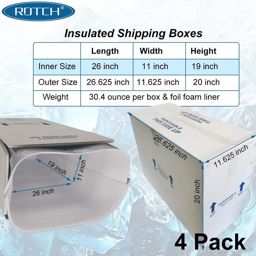 ROTCH Insulated Shipping Boxes with Liners, 4 Pack 26x11x19'', Cold Shipping Box Coolers for Perishable Frozen Food, White (T261119-4L-W)