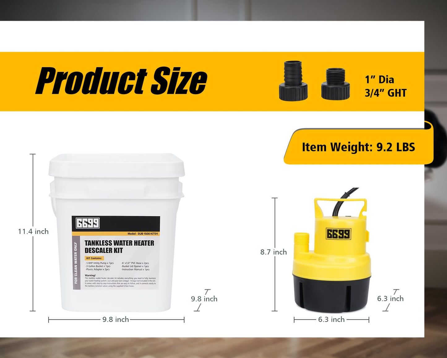 6699 Tankless Water Heater Flushing Kit Includes 1/4HP Submersible Sump Pump with Two Adapters & 3 Gallons Pail with Bucket Lid Opener & Two 1/2” Dia X 6’ PVC Hoses with Washers
