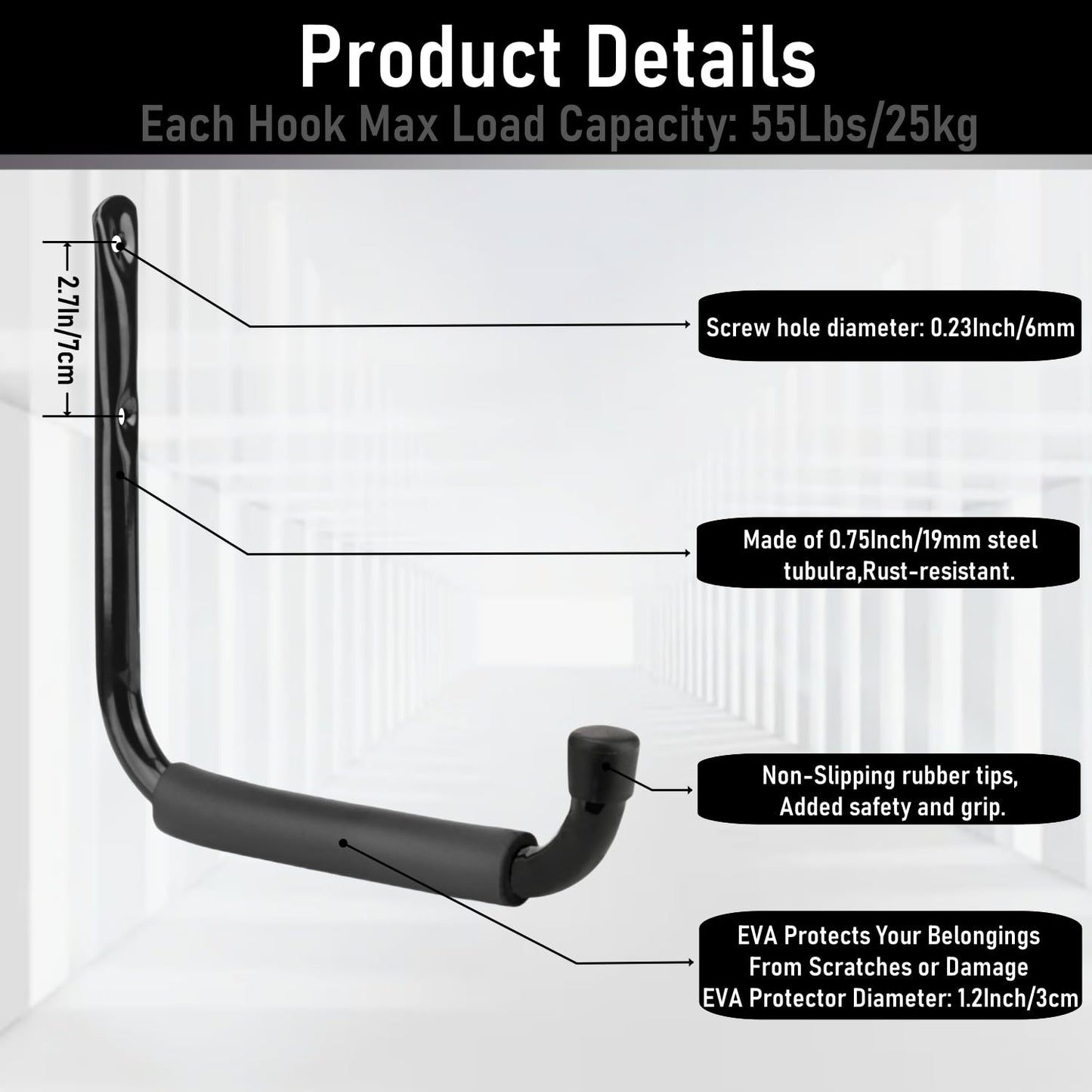 Whrsinlor Heavy Duty Steel Garage Storage Hooks, 9.5Inches Jumbo Arm Ladders Utility Rack, Wall Mounted Hanger Organizer for Tools, Bikes, Jeep Door