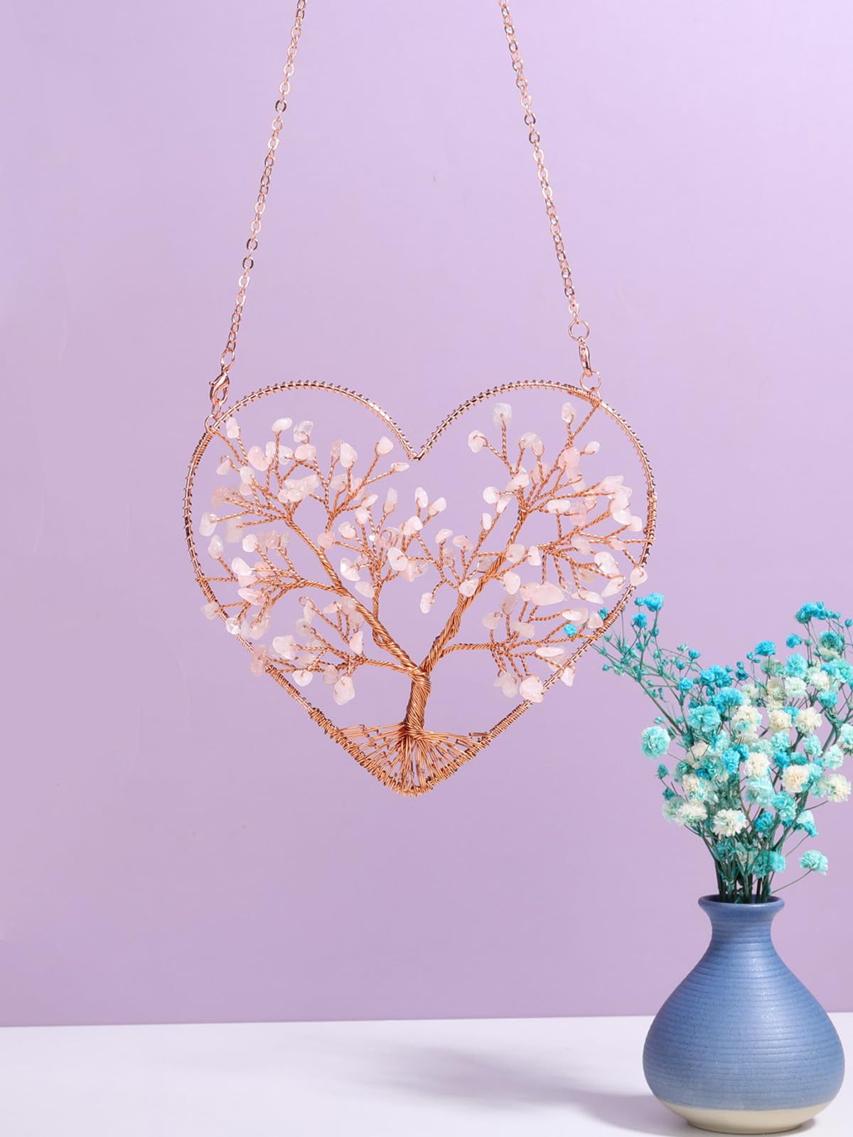 MANIFO Rose Quartz Crystal Tree Life Hanging Ornament Heart Healing Crystal Gemstone Hanging Decoration for Home Garden Window Wall Gifts