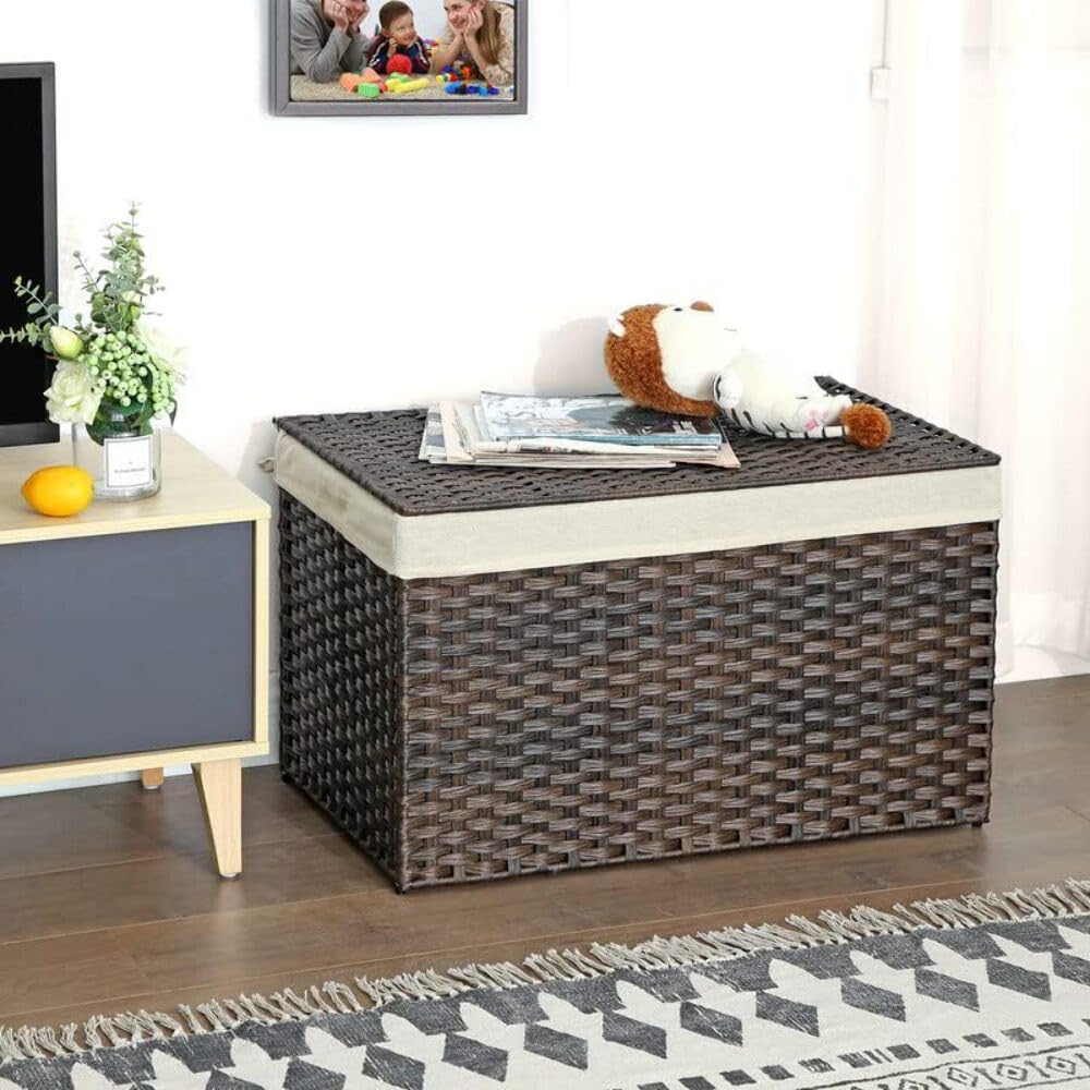 SONGMICS Storage Basket with Lid, Woven Blanket Storage Bin with Handles, Foldable, Removable Liner, Metal Frame, for Bedroom, Laundry Room, 42.3 Gallons (160 L), Brown URST76BR