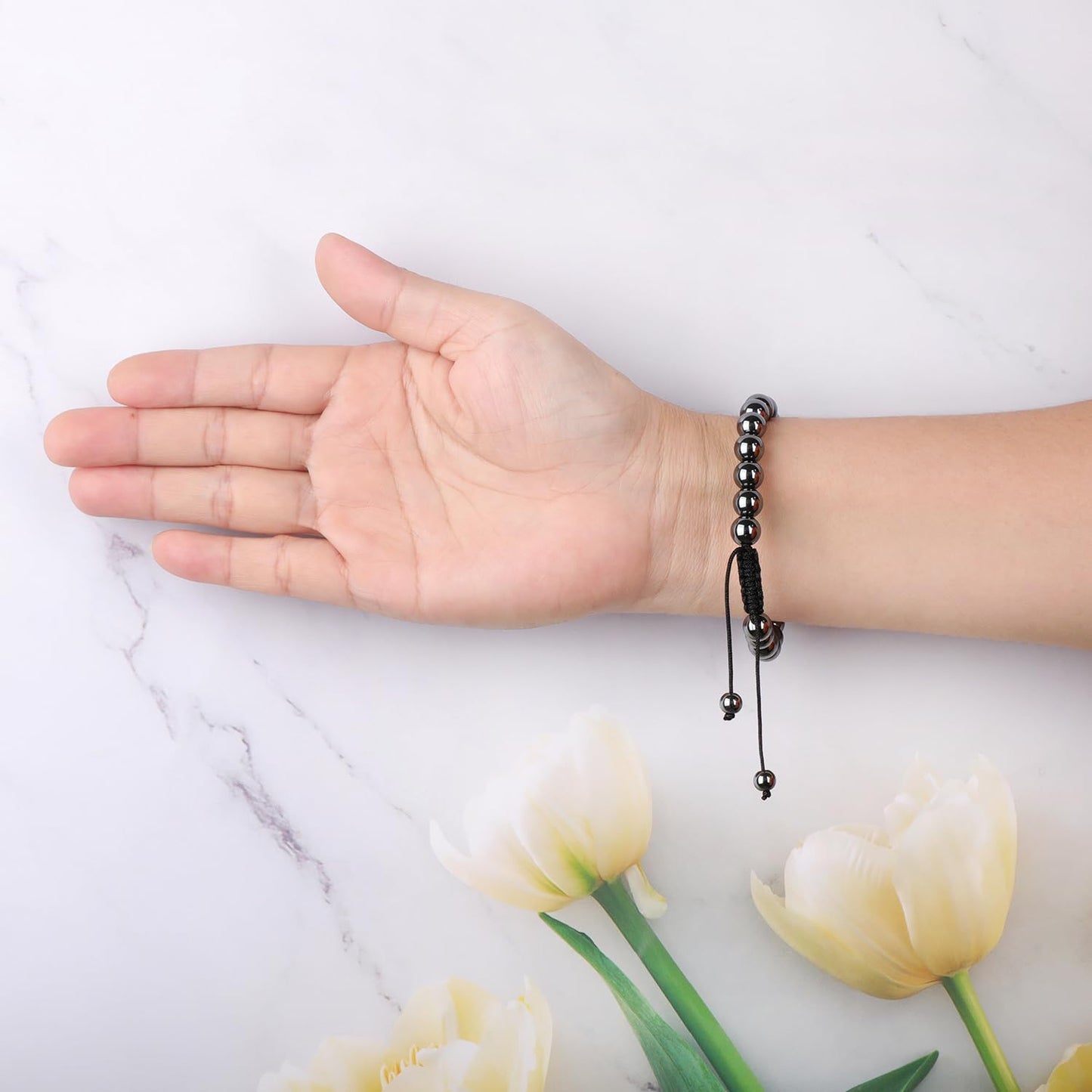 AD Beads 8mm Hematite - Healing and Health - Handmade Natural Stone Crystal Bracelet with Adjustable Macrame String - Yoga Healing Power Energy Gifts for Men and Women