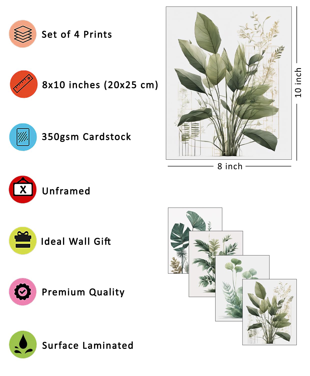 Nilem Design Botanical Wall Art Prints Set of 4 (8"x10") – Unframed Minimalist Leaf Posters in Green Tones – Plant Wall Decor for Bedroom, Living Room, Bathroom, or Office