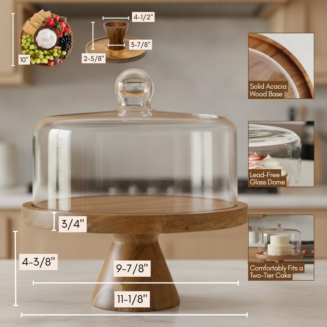 Stellarie Acacia Wood Cake Stand with Glass Dome Lid, Reversible Cake Stand and Serving Board Designed for Everyday Use, Desserts, Charcuterie, and Gifting
