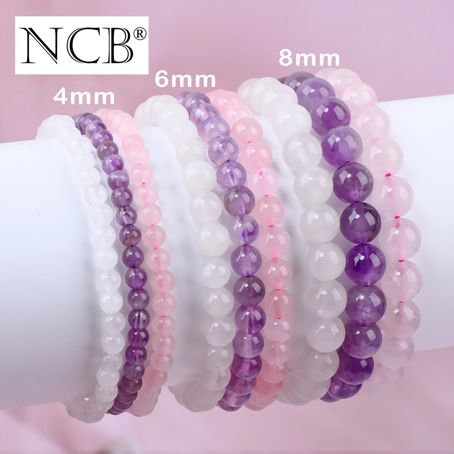 NCB 3-Piece 8mm Natural Crystal Gemstone Stretch Bracelets – ﻿Amethyst, Pink Quartz, White Jade Handmade Reiki Energy Healing Jewelry for Meditation,Yoga, Unisex