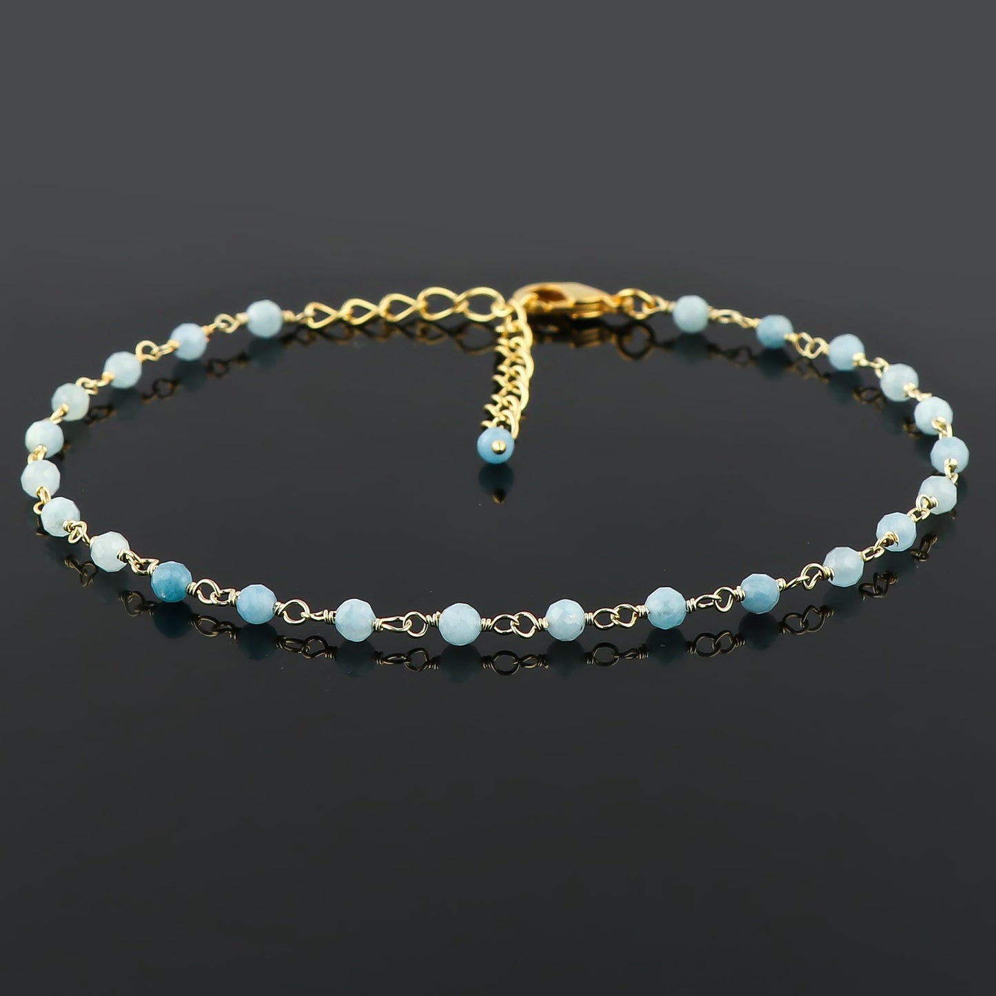 JOR Natural Aquamarine Beaded Rosary Anklet, Handmade Craft, Anklet Beads Bracelet, Chakra Healing Anklet, Gemstone Women Jewelry, Dainty Gold Plated Anklet 9 inch + 1.5 inch (1pcs)