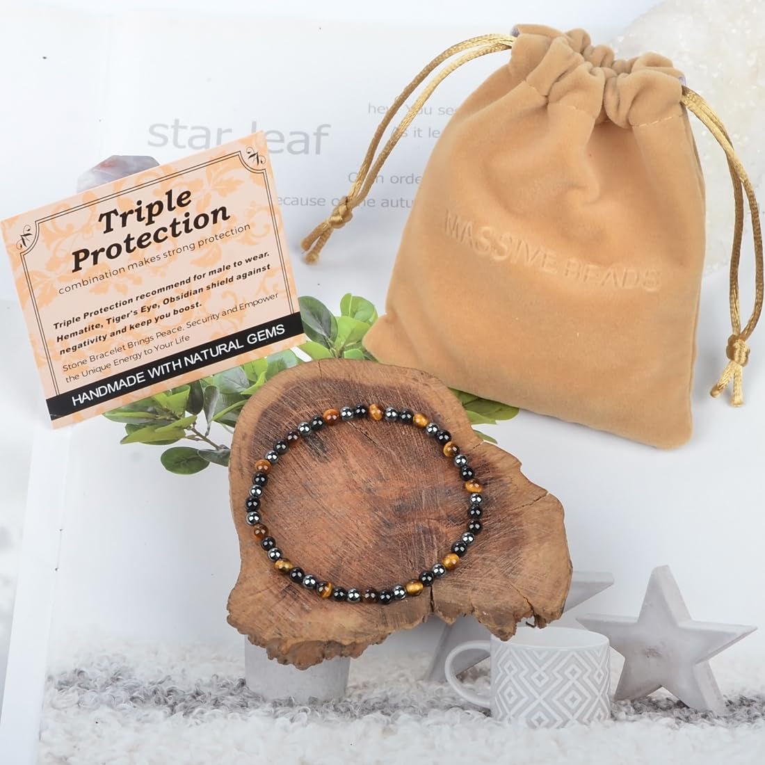 MASSIVE BEADS Triple Protection - Stone of Strong Protect - Handmade Yoga Stretch Elastic Bracelet Natural Stone Crystal Healing Power Energy Gifts for Unisex Adult 4mm