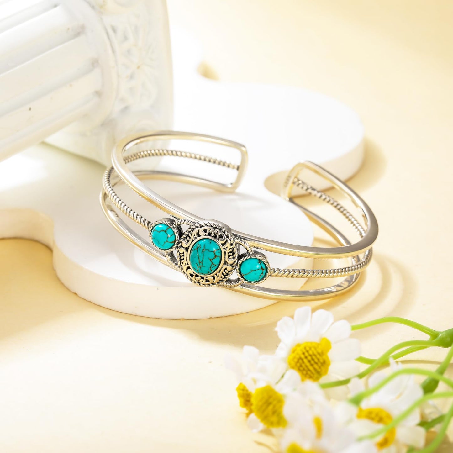 DOLIOX Genuine 3 Turquoise Stone Bracelet, Sterling Silver Boho Adjustable Bangle Cuff Native American Vintage Jewelry for Women, Fit for 6.5 7 7.5 Inches