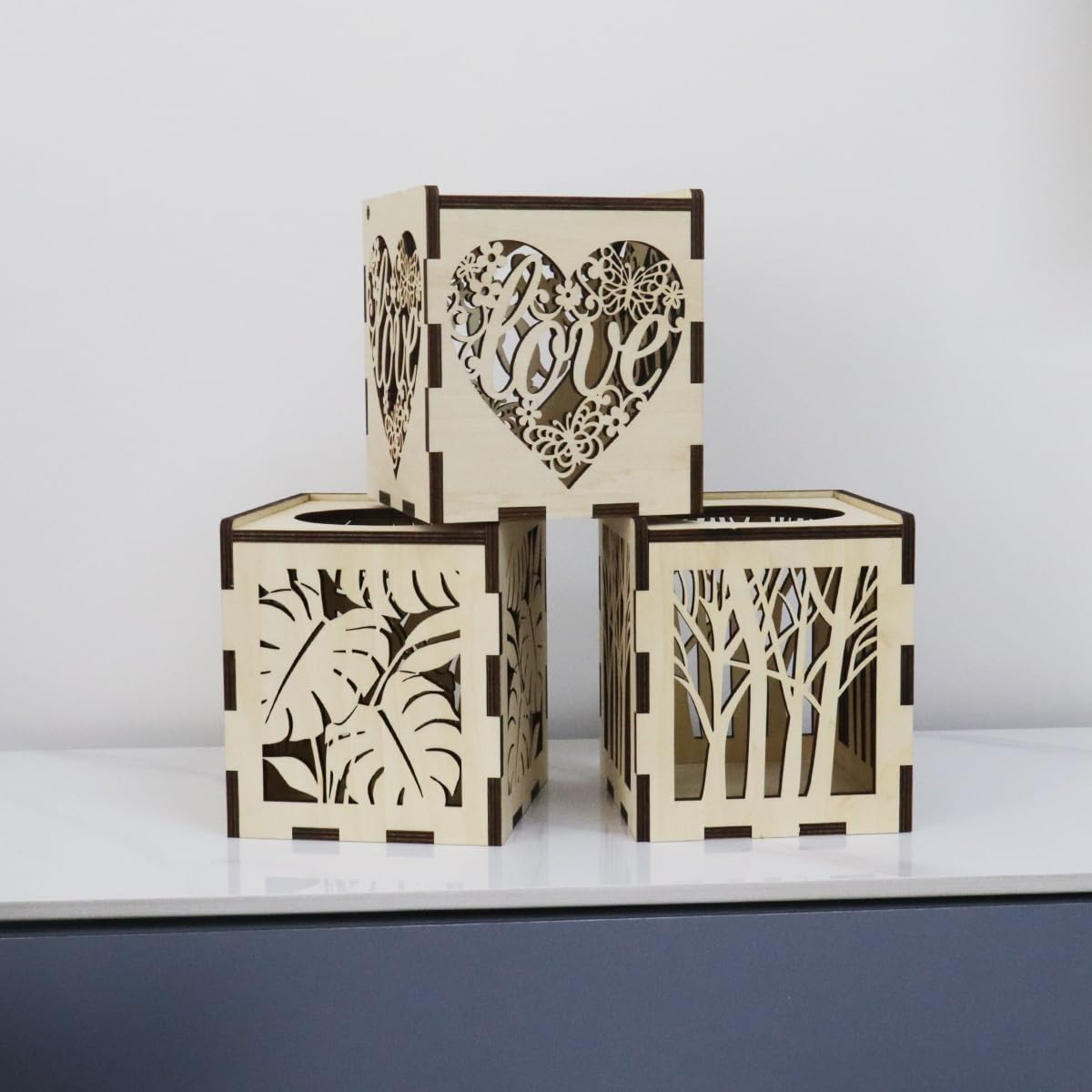 Wooden Tissue Box Cover Square,Laser Cut Decorative Cube Tissue Box Holder for Farmhouse Decor (Leaf -Pattern)