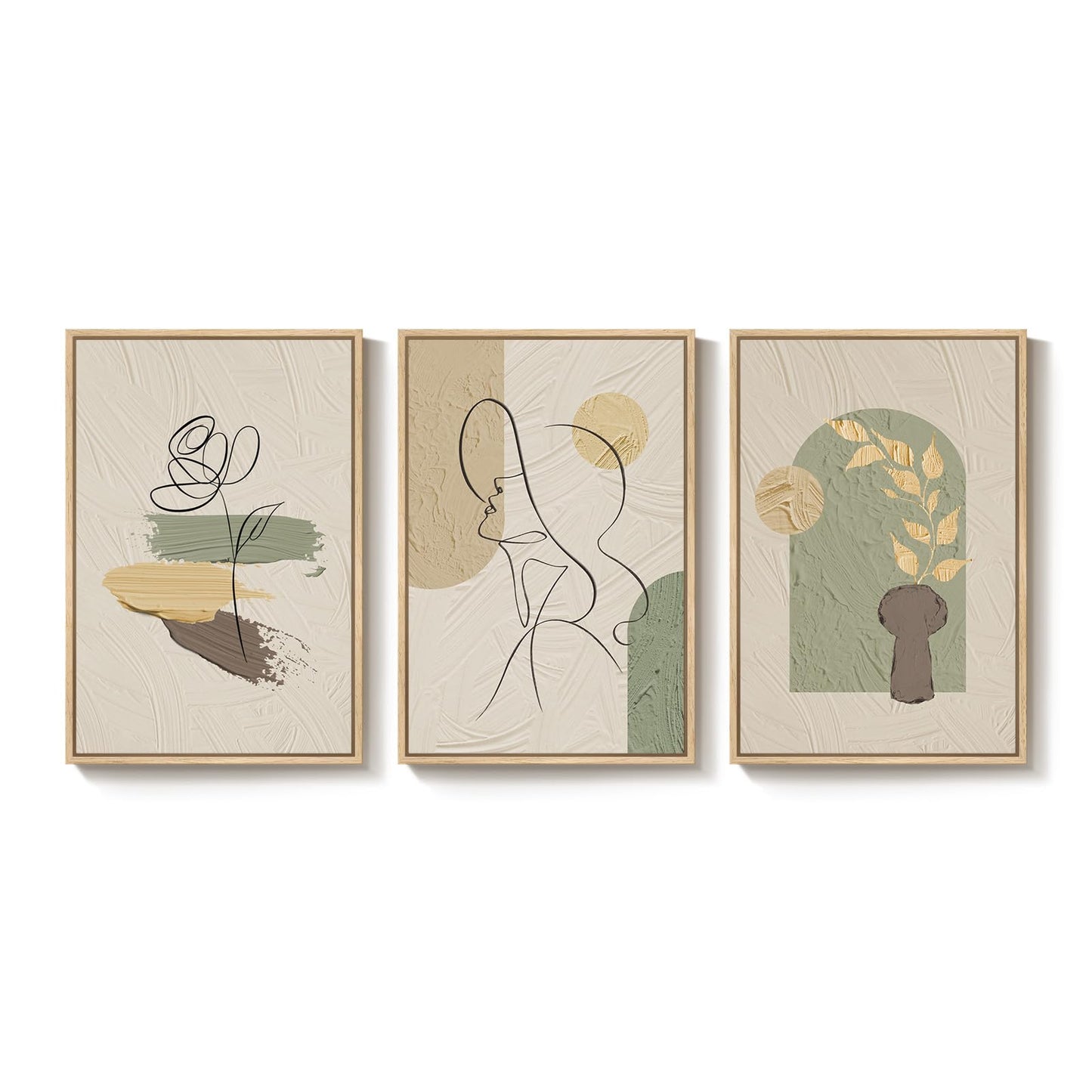 Framed Abstract Boho Wall Art for Bedroom, Set of 3 Large Neutral Canvas Prints Paintings, Modern Minimalist Line Face Botanical Picture Artwork Decor for Living Room Hallway 16x24 Inch
