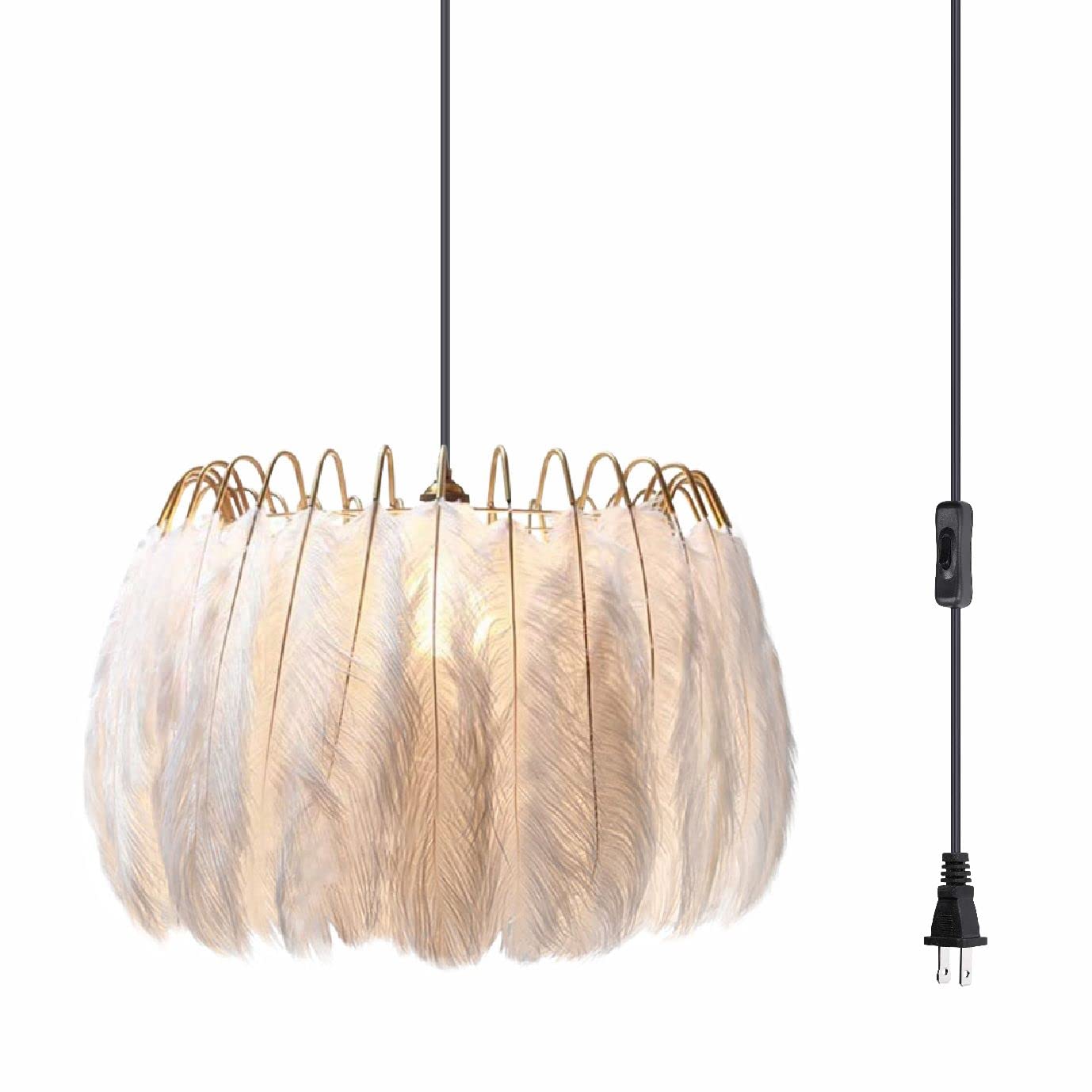 KCO Lighting Nordic Feather Chandelier White Feather Ceiling Pendant Light Fixture with 14.8 Feet Plug in Cord Gold Hanging Lamp for Girls Room Bedroom (17.7”)