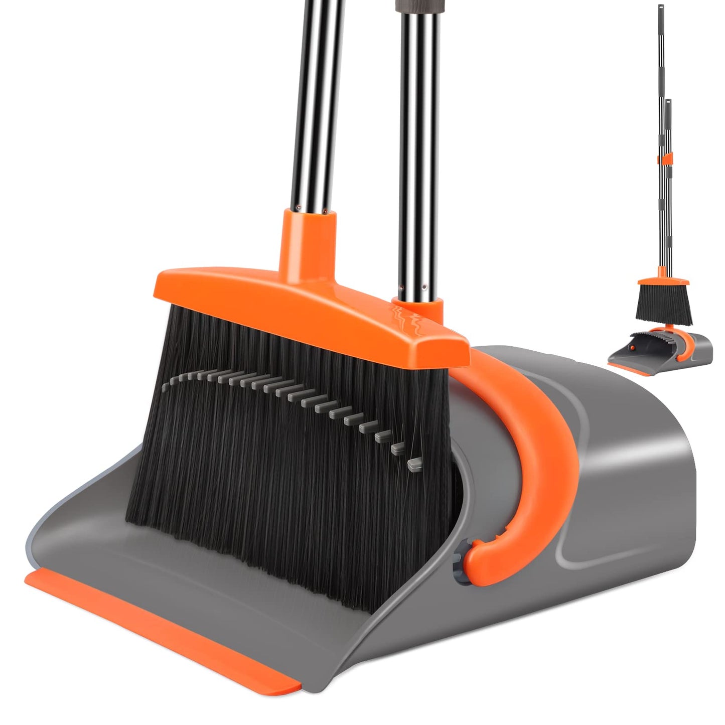 Ivandar Broom and Dustpan Set for Home, Broom and Dustpan Combo for Office, Long Handle Broom with Upright Standing Dust pan,Indoor&Outdoor Sweeping (Gray&Orange)