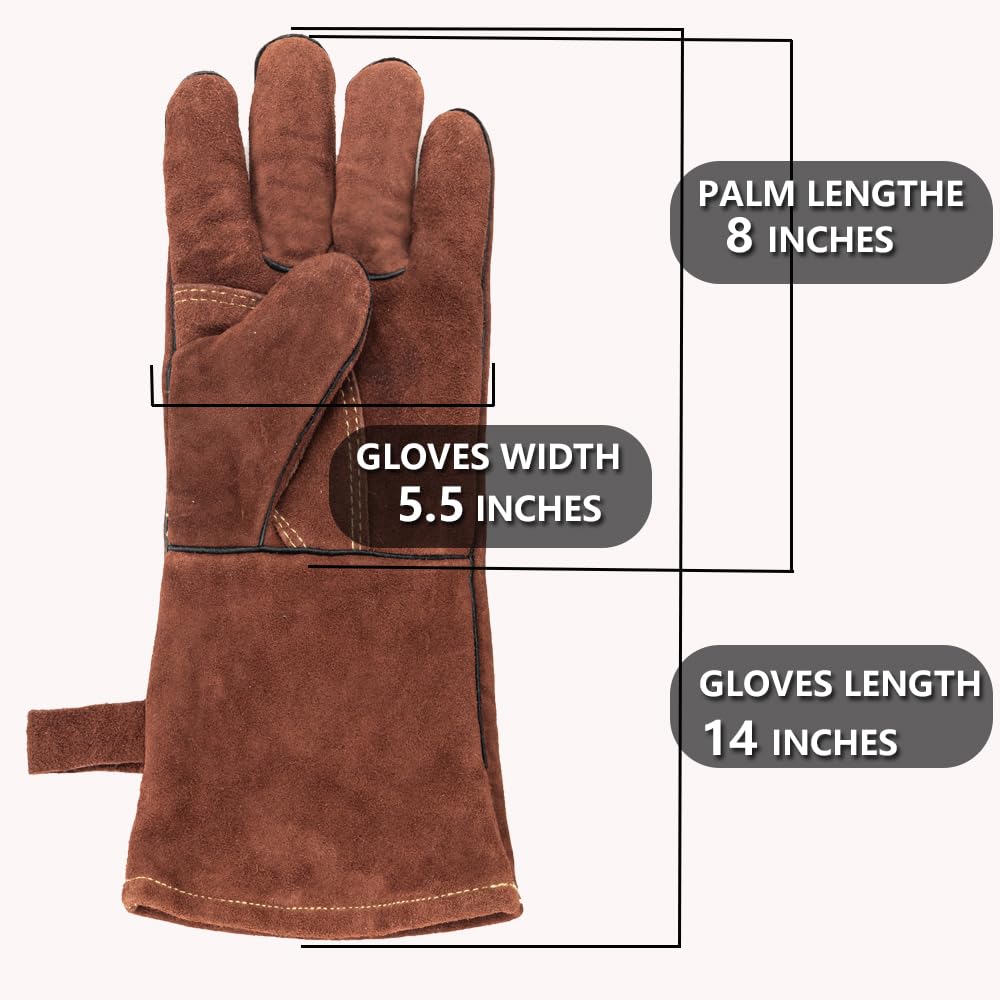 LAIKEANDUN Fireproof Gloves for Fireplace & Fire Pit, Welding Gloves for Men & Women - 14 Inch Heat Resistant Leather Work Gloves (662℉) for MIG/TIG, BBQ, Camping - Premium Cowhide, Durable
