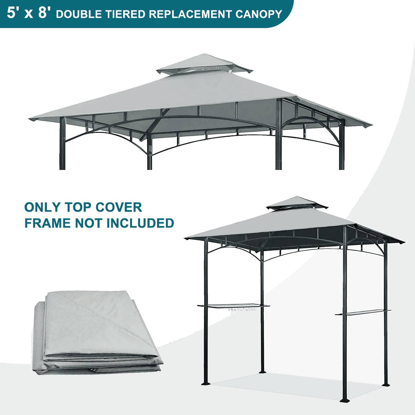 Grill Gazebo Replacement Canopy Top - Wonwon 5x8 Gazebo Roof Double Tiered Outdoor BBQ Roof Cover Grill Shelter Only Fit for Model L-GG001PST-F (Gray)