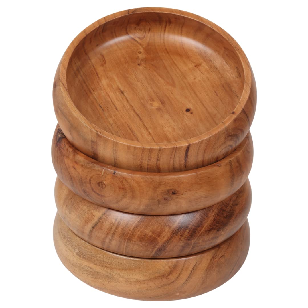 LAVAUX DESIGNS Set of 4 acacia wood bowls 8 x 2 inches (25 oz) with Food safe wood coating | Jointless plates type wood bowl for food | Wooden salad bowls set