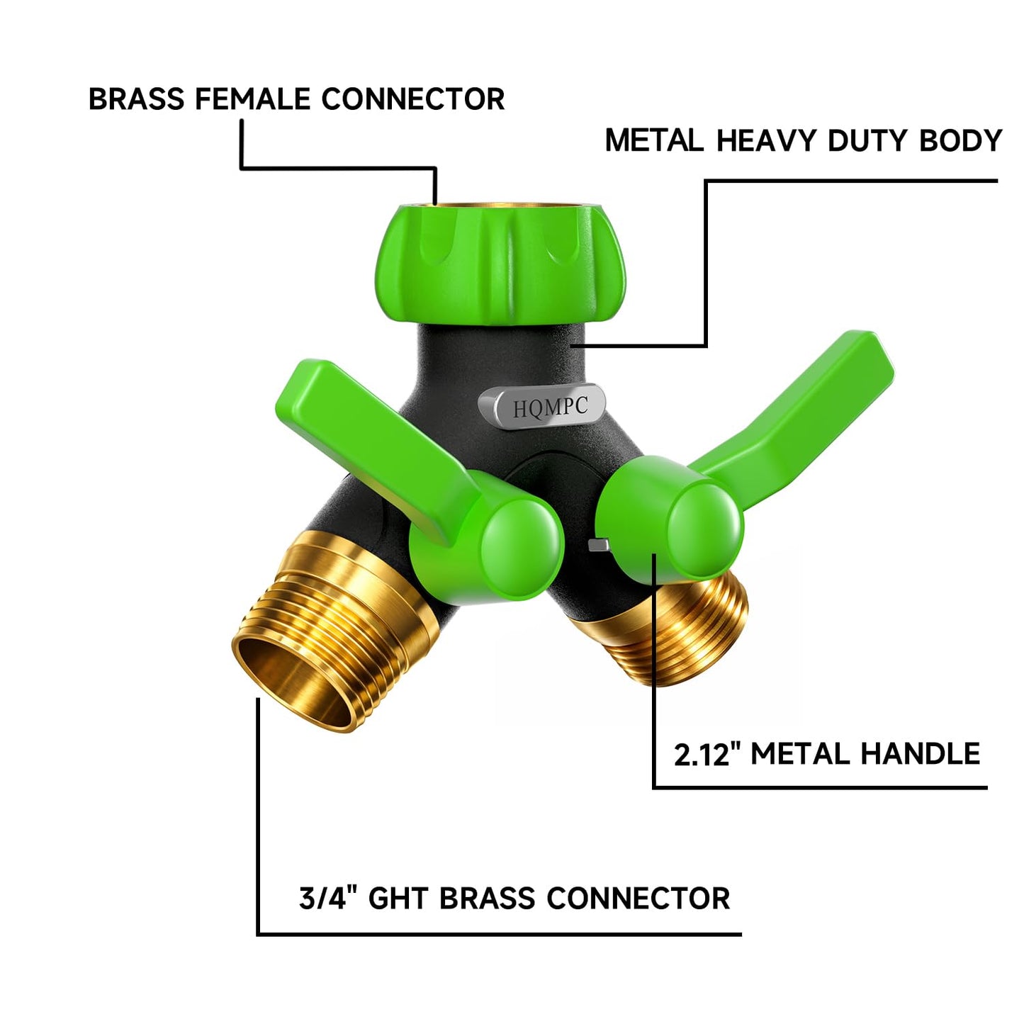HQMPC Garden Hose Splitter, 2 Way Hose Bib Splitter, Brass y splitter 2 way Y valve Metal Body 2 Way Hose Shut Off Valve, 2.12" Extra Long Metal Handle, 3/4" GHT Thread (1, Green)