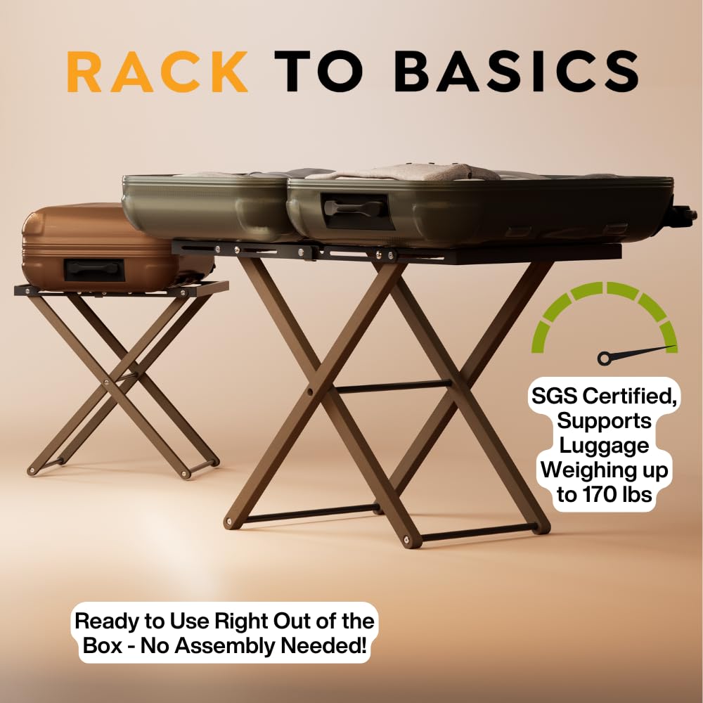 Luxury Expandable Luggage Rack for All Suitcase Sizes, Folding Stand Essential for Hotels, AirBnB, Guest Room; Extends 35” Inches, Holds up to 170 lbs, Durable Steel & Solid Wood, NO Assembly Required