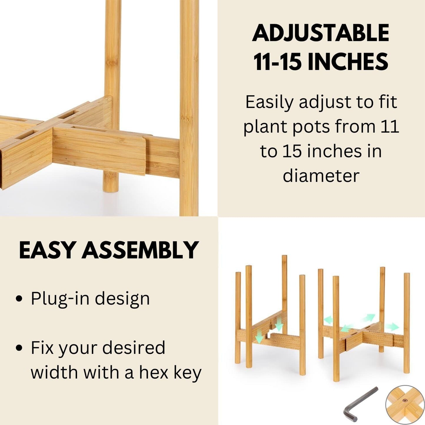 Fox & Fern Large Adjustable Plant Stand Indoor — 11 to 15 Inch Premium Mid Century Bamboo Plant Stand; Plug In Design; Easy Assembly; Two Heights - For 11, 12, 13, 14 & 15 Inch Pots (Not Included)