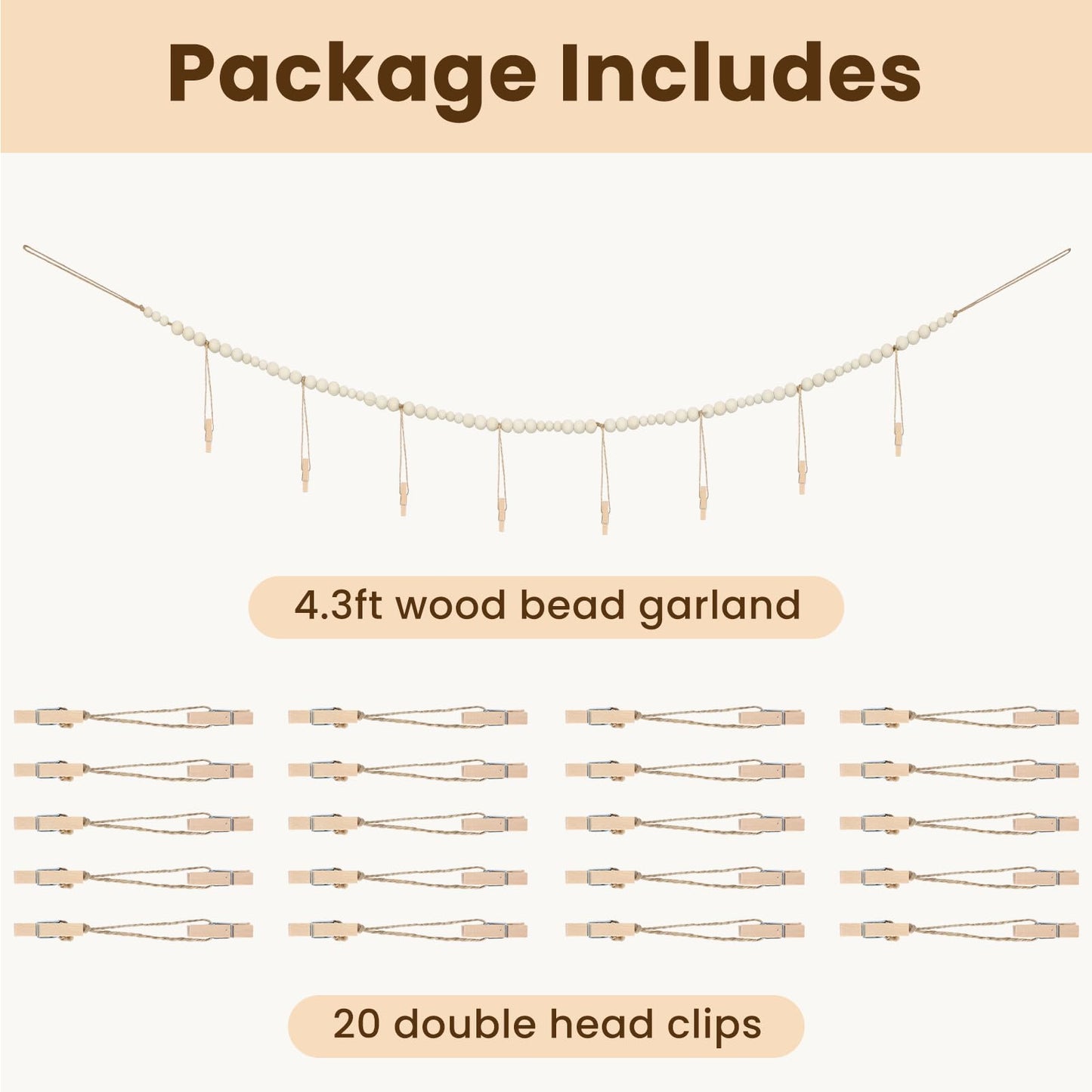 KLOGTSIND Hanging Photo Display with Clips Wall Decor, Boho Wooden Beads Garland Picture Banner, Collage Card Kids Art Holder Photo String with 28 Clips for Room Dorm Decor, Christmas Teen Girl Gifts