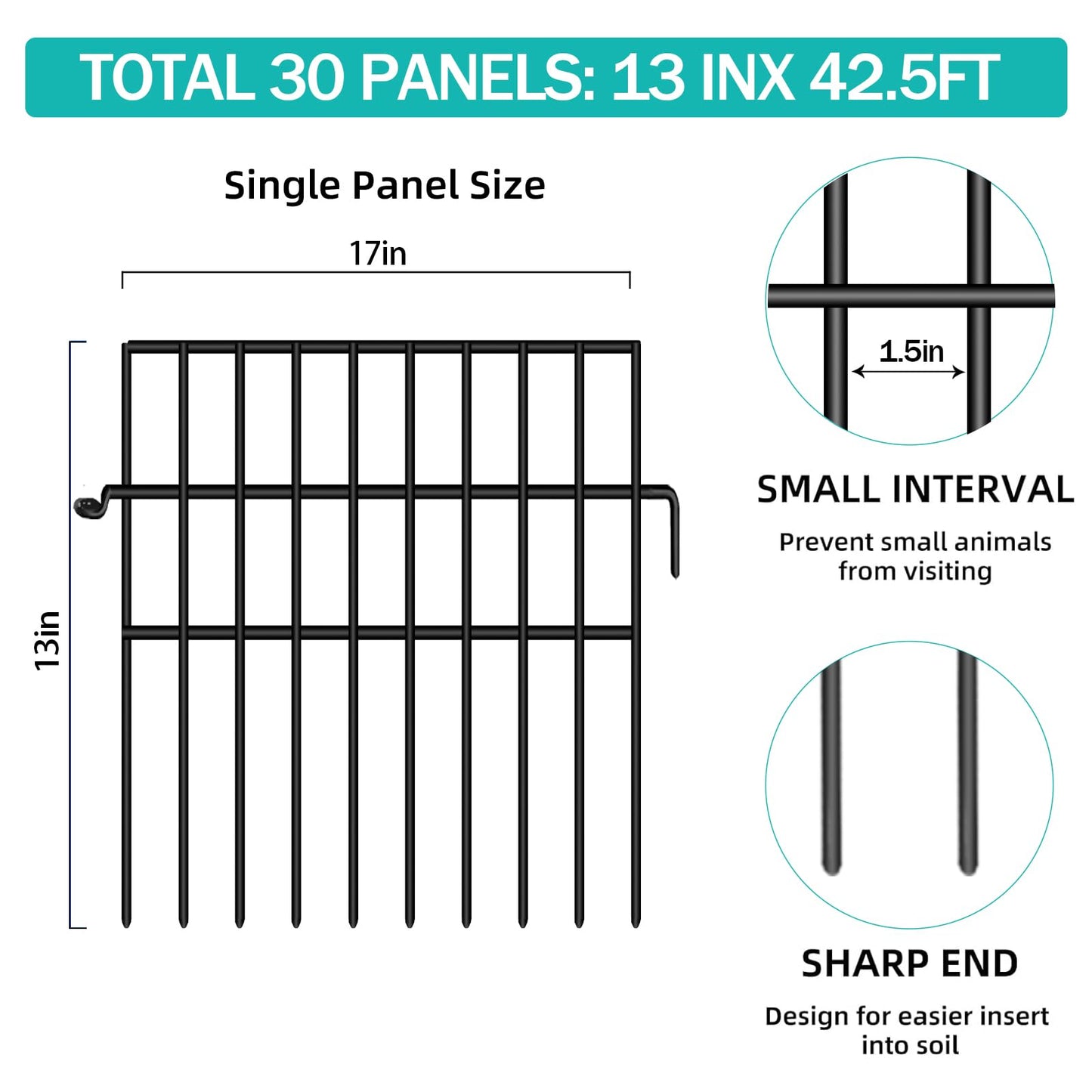 FOKEP 30 Panels Animal Barrier Fence, No Dig Fences, 13in(H) X 42.5ft(L) Garden Fence Animal Barrier for Rabbit and Dog Under Fencing Barrier, Rustproof Metal Fences Border for Outdoor, Yard, Patio