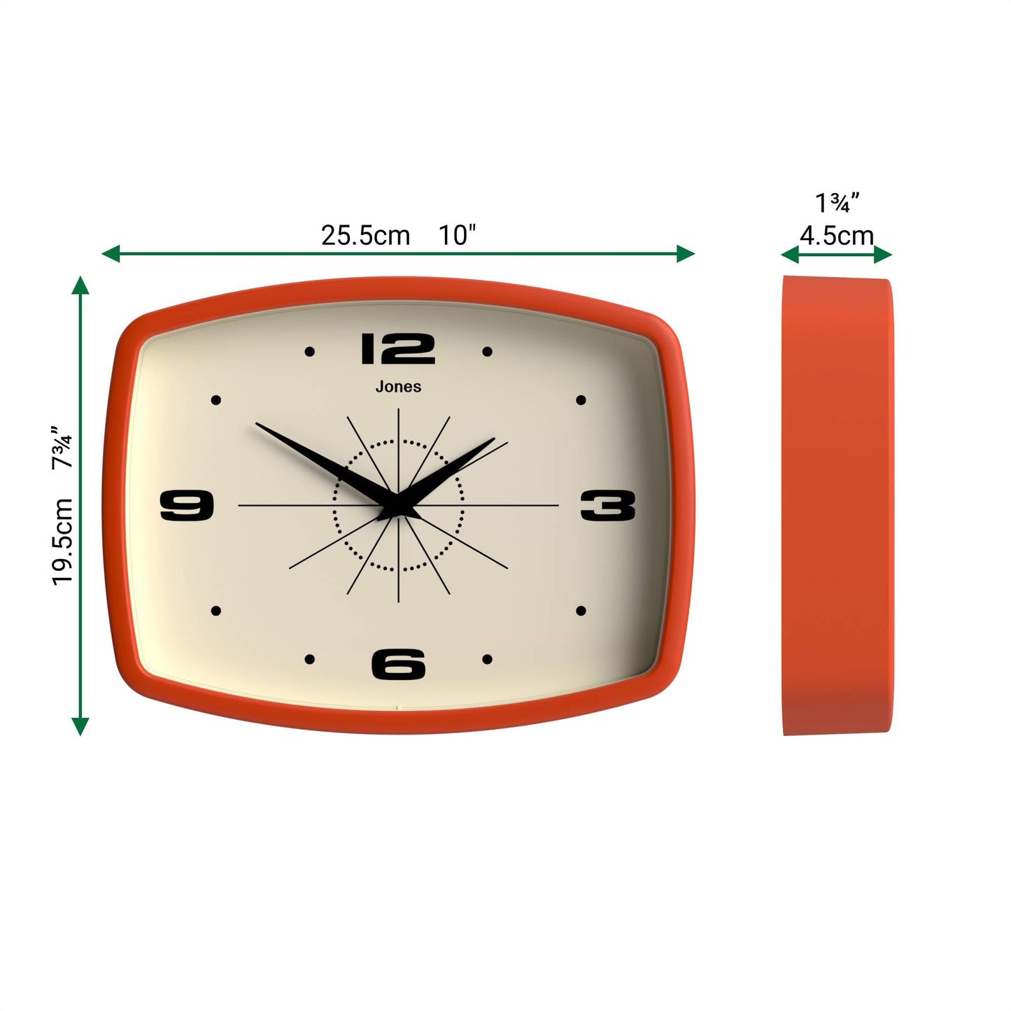 JONES CLOCKS® Movie wall Clock | Retro Rectangular Clock | 10 inch | Orange | Cool mid-Century Designer Look for Kitchen, Living Room or Office