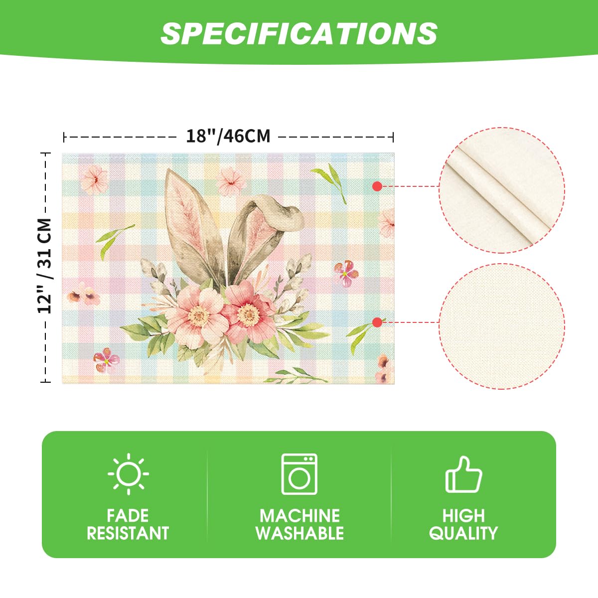 Artoid Mode Colourful Buffalo Plaid Bunny Ears Flower Easter Placemats Set of 4, 12x18 Inch Seasonal Holiday Table Mats for Party Kitchen Dining Decoration