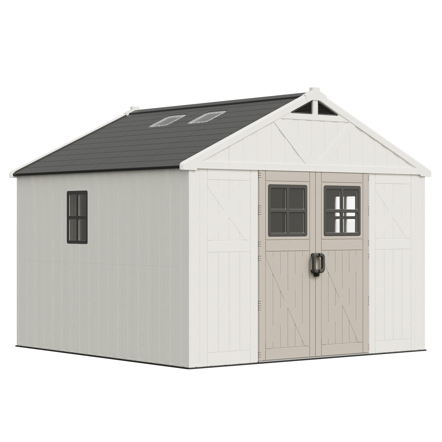 Greesum 10×10FT Plastic Outdoor Storage Shed with Floor and Lockable Door, Resin Sheds with Windows and Skylights, Organization for Garden, Lawn, Backyard, Beige