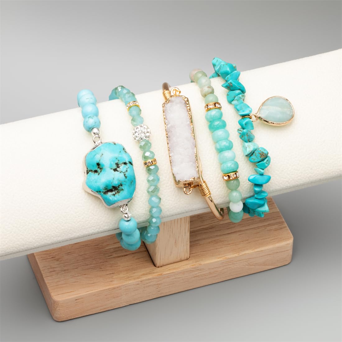 NUZUJX 5PCS Natural Boho Beaded Bracelets Bangle for Women Men,Healing Turquoise Crystal Gemstone Stone Chakra Multilayer Wrap Bohemian Handmade Jewelry Beads Stretch Bracelet Set