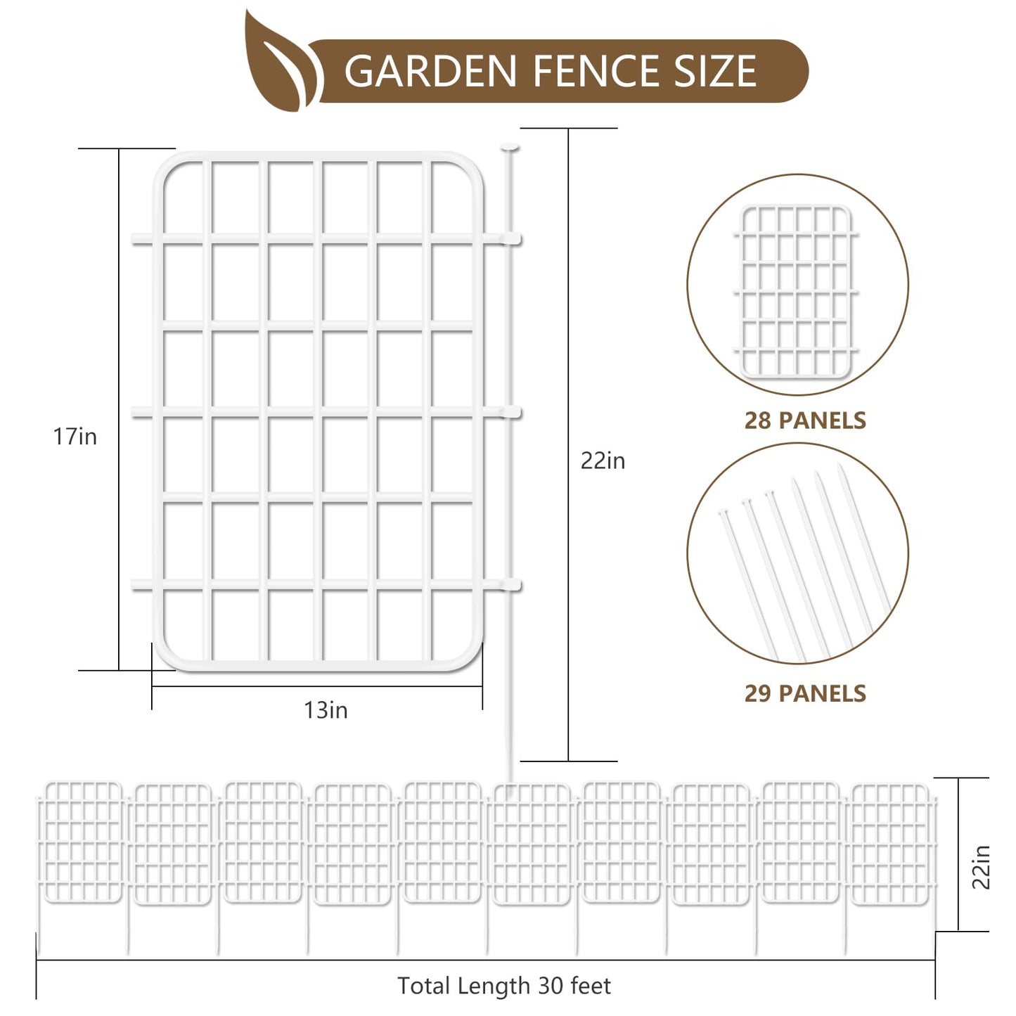30ft x 17in Garden Fence Animal Barrier, 28 Panels No Dig Fence Border, Rustproof Metal Decorative Garden Fencing with Ground Stake, Flower Bed Edging Border for Dog, Rabbit, Outdoor Patio, White