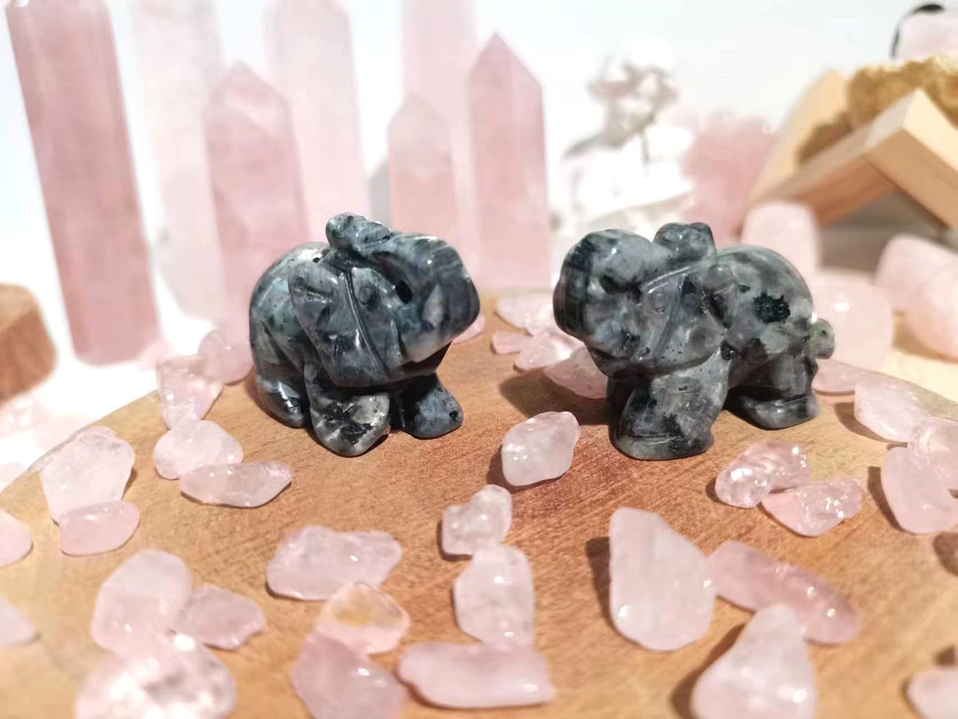 QINJIEJIE Crystals Elephant Decor Black Labradorite Cute Desk Stones Statue Polished Natural Gemstones Luck Decoration Home Room Office Pocket Figurine Meditation Spiritual Stocking Stuffers Gifts