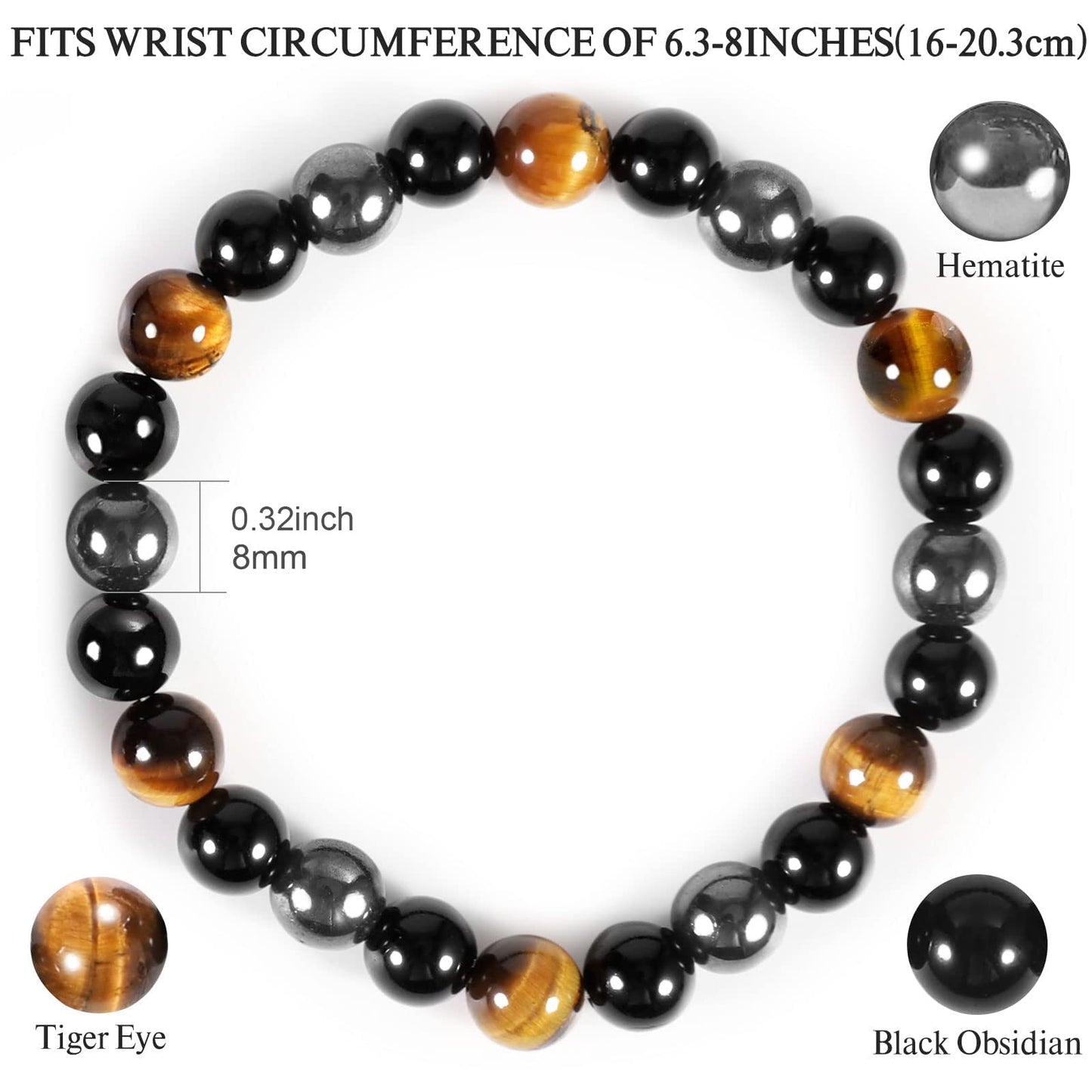 Denchy Triple Protection Bracelet, Tigers Eye - Black Obsidian and Hematite Beaded Bracelets for Men Women, Tourmaline Spiritual Natural Crystal Stone Luck Bracelet, Birthday Mother's Day Gift (8mm)