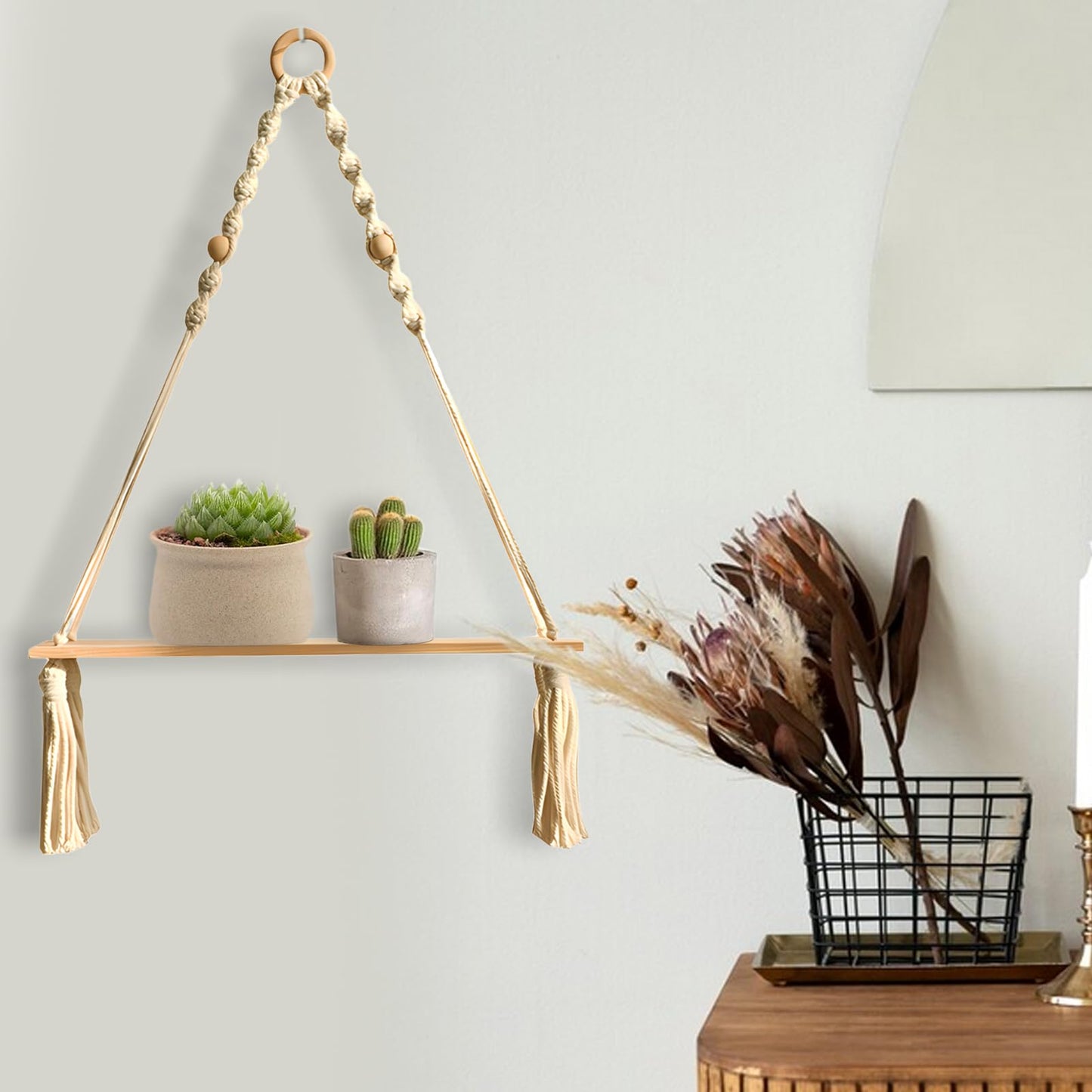 BusonQueen Boho Macrame Wall Hanging Shelves,Wooden Floating Shelves for Wall with Handmade Woven Rope for Home Decor