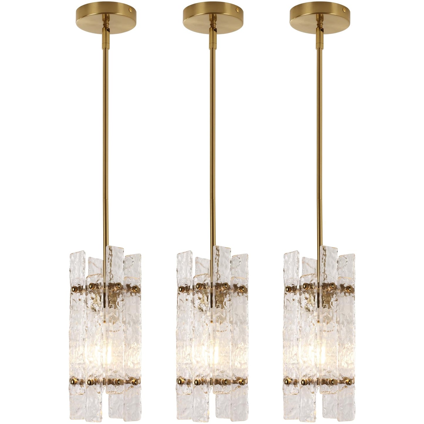 Modern Crystal Pendant Light for Kitchen Island, Gold Luxury Mini Water Ripple Glass Chandelier Lights Fixture, Modern square Adjustable Hanging Pendant Lighting for Dining Room Bedroom (3-Pack)