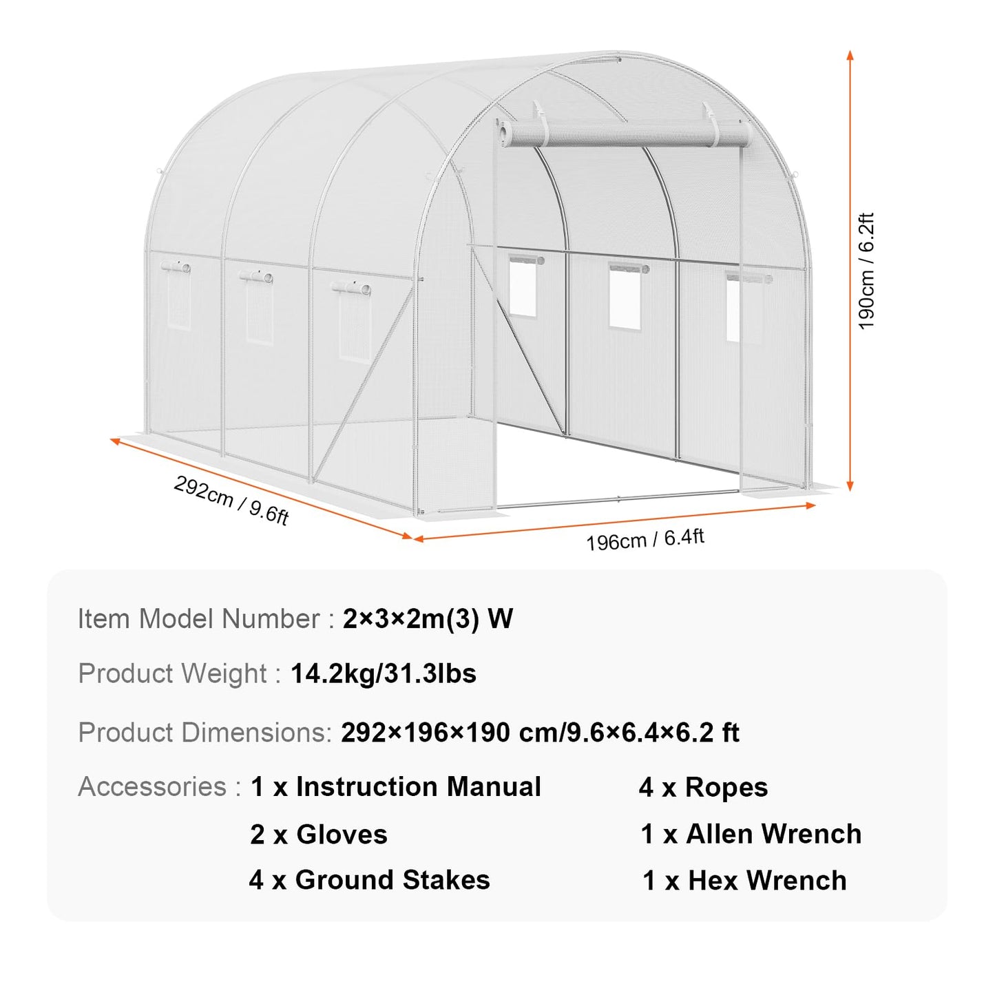 VEVOR Walk-in Tunnel Greenhouse, 9.6x6.4x6.2 ft Hoop House Greenhouse Tunnel, Plant Hot House with Galvanized Steel Frame, White PE Cover, Roll-up Zipper Door and 6 Windows for Outdoor