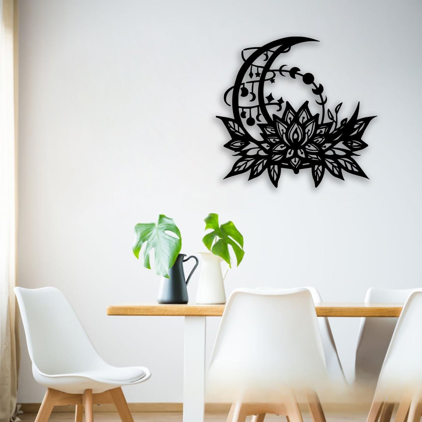 OPTYBVFD Moon Lotus Flower Metal Wall Decor - Moon Phase Room Decor Wall Art Home Decor for Living Room, Bedroom, Dining Room, Bathroom, Office (Black)